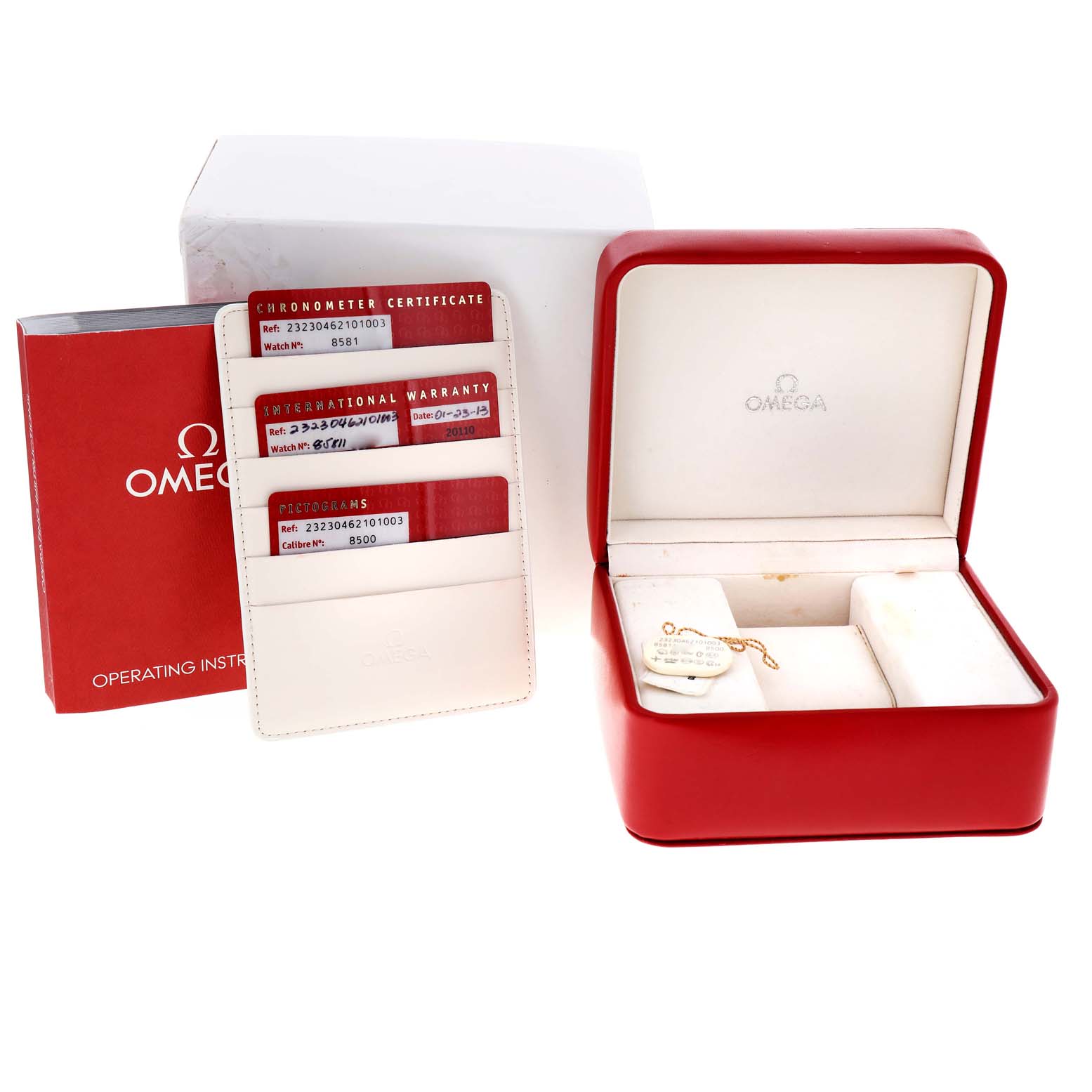 The image shows an Omega Planet Ocean 232.30.46.21.01.003 Men
s Stainless Steel Black Dial 232.30.46.21.01.003 Men
s Stainless Steel Black Dial watch box, warranty cards, an operating instructions booklet, and a white outer box.