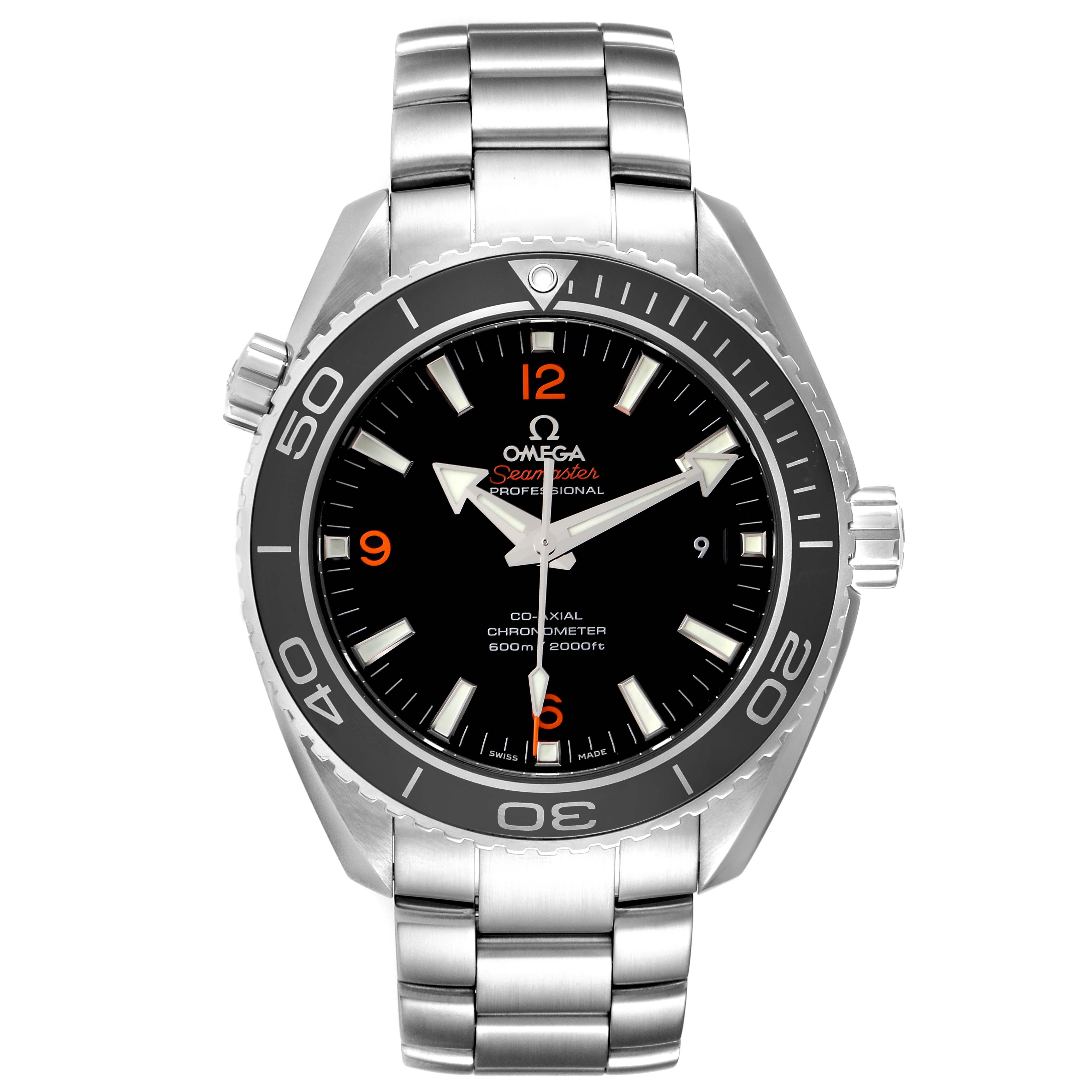 This is a front view of the Omega Planet Ocean 232.30.46.21.01.003 Men
s Stainless Steel Black Dial 232.30.46.21.01.003 Men
s Stainless Steel Black Dial model watch, showing the dial, bezel, case, crown, and bracelet.