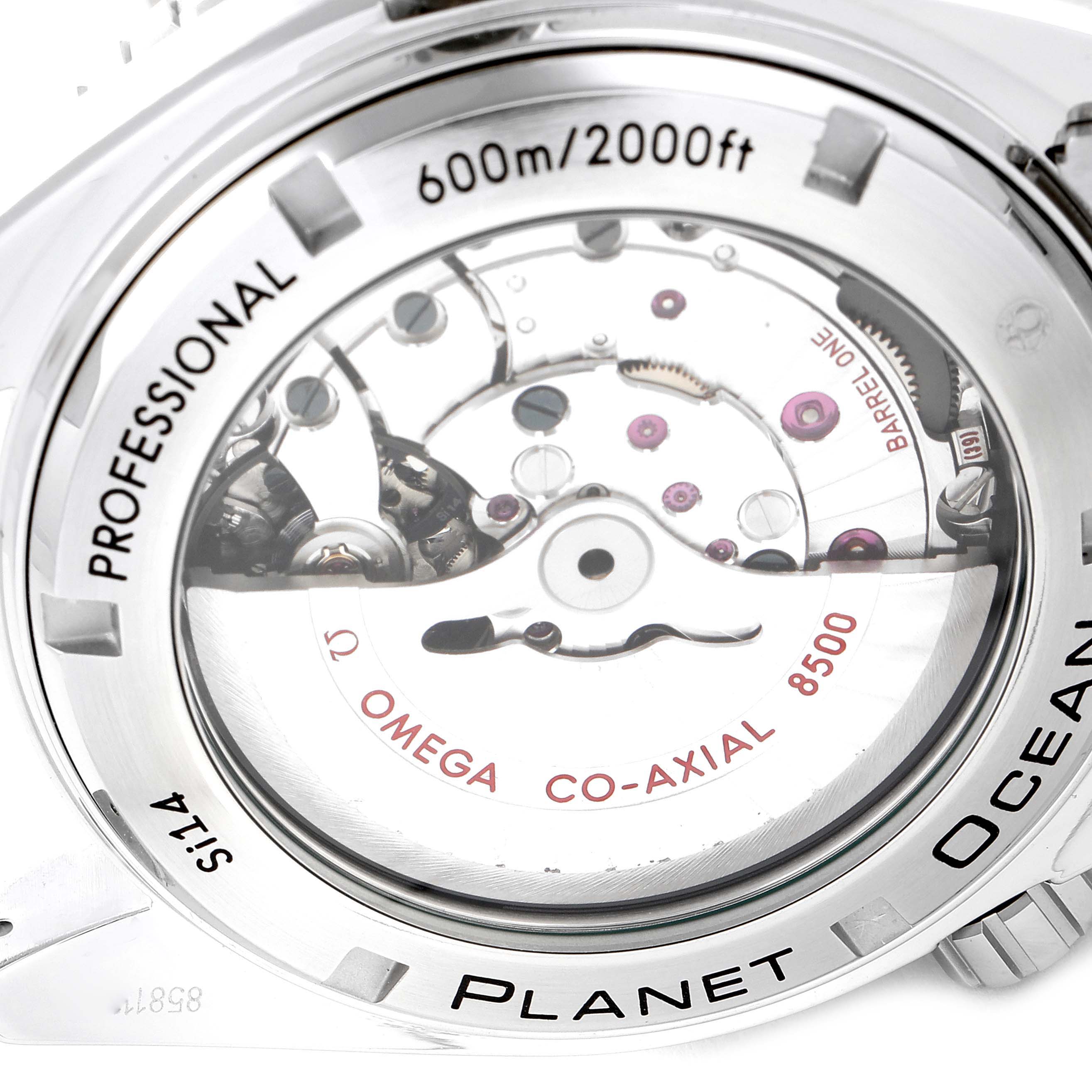 The image shows the back case of an Omega Planet Ocean 232.30.46.21.01.003 Men
s Stainless Steel Black Dial 232.30.46.21.01.003 Men
s Stainless Steel Black Dial watch, highlighting the movement mechanism and specifications.