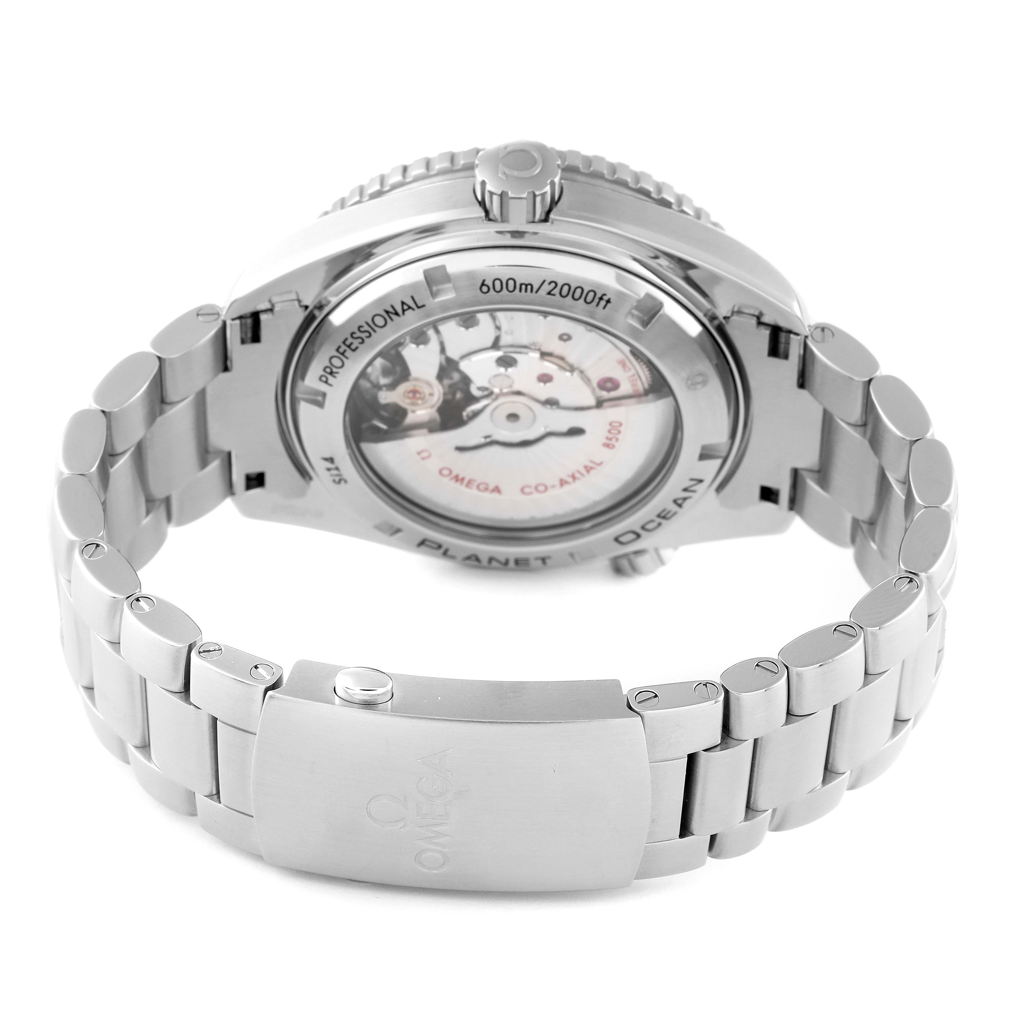 The image shows the back view of an Omega Planet Ocean 232.30.46.21.01.003 Men
s Stainless Steel Black Dial 232.30.46.21.01.003 Men
s Stainless Steel Black Dial watch, prominently displaying its movement and stainless steel bracelet.