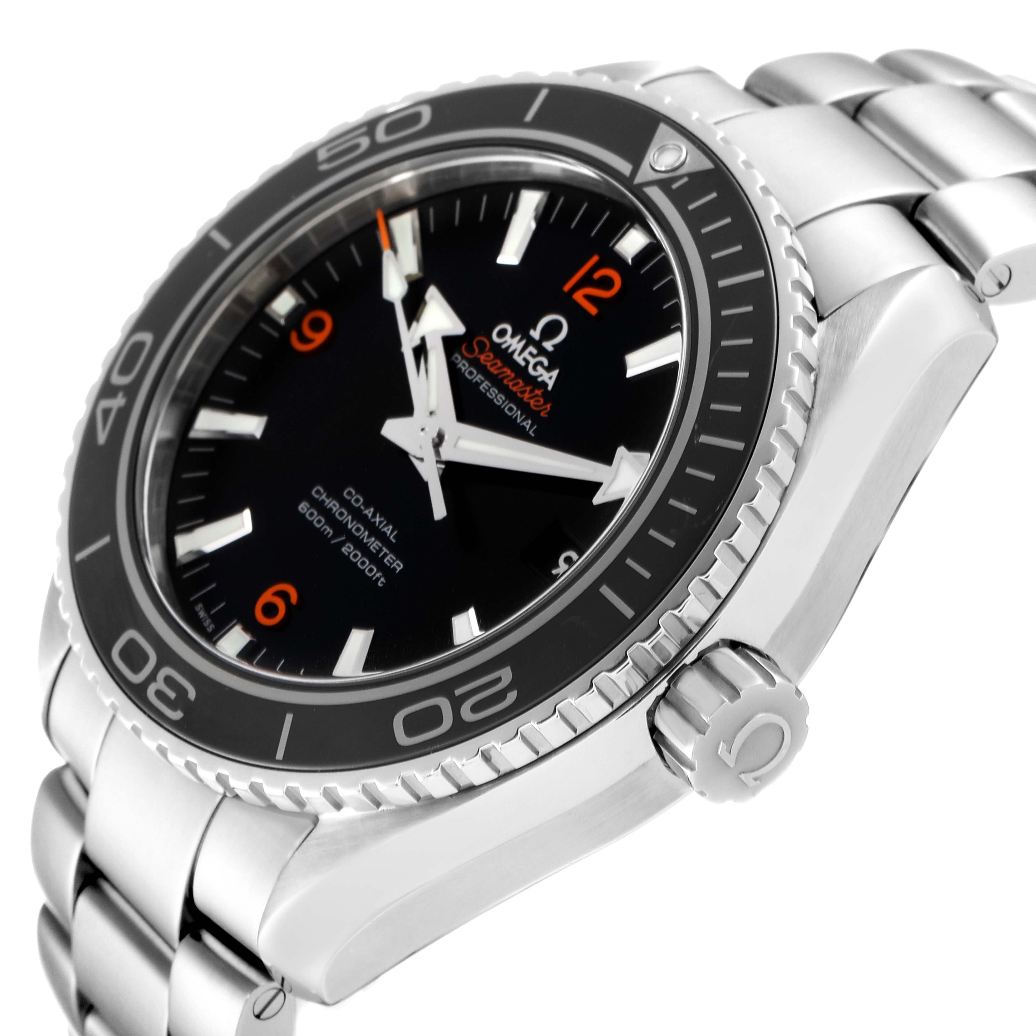 The Omega Planet Ocean 232.30.46.21.01.003 Men
s Stainless Steel Black Dial 232.30.46.21.01.003 Men
s Stainless Steel Black Dial watch is shown at a slight angle, highlighting its face, bezel, and stainless steel bracelet.