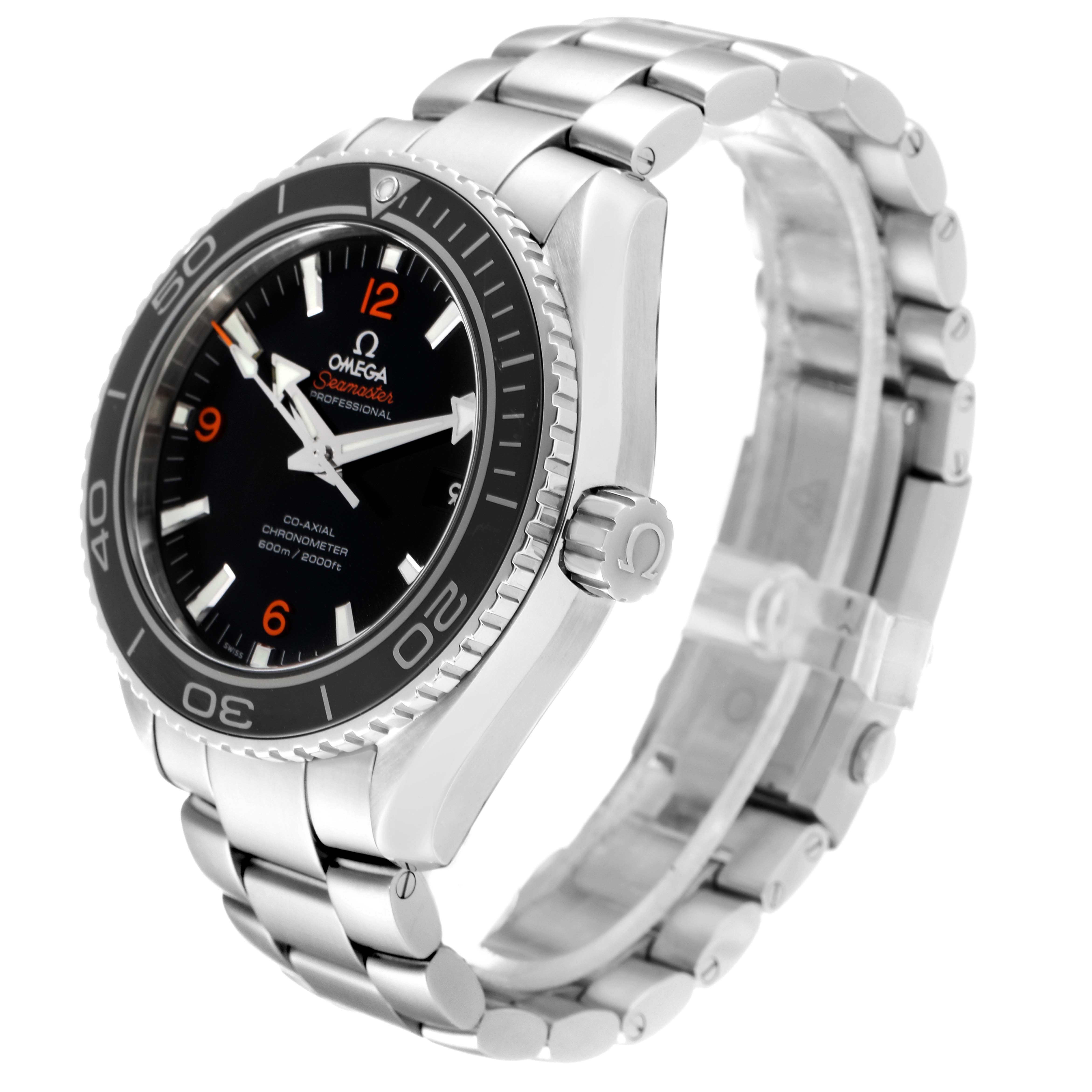 The Omega Planet Ocean 232.30.46.21.01.003 Men
s Stainless Steel Black Dial 232.30.46.21.01.003 Men
s Stainless Steel Black Dial watch is shown at an angled side view, highlighting the face, bezel, crown, and stainless steel bracelet.