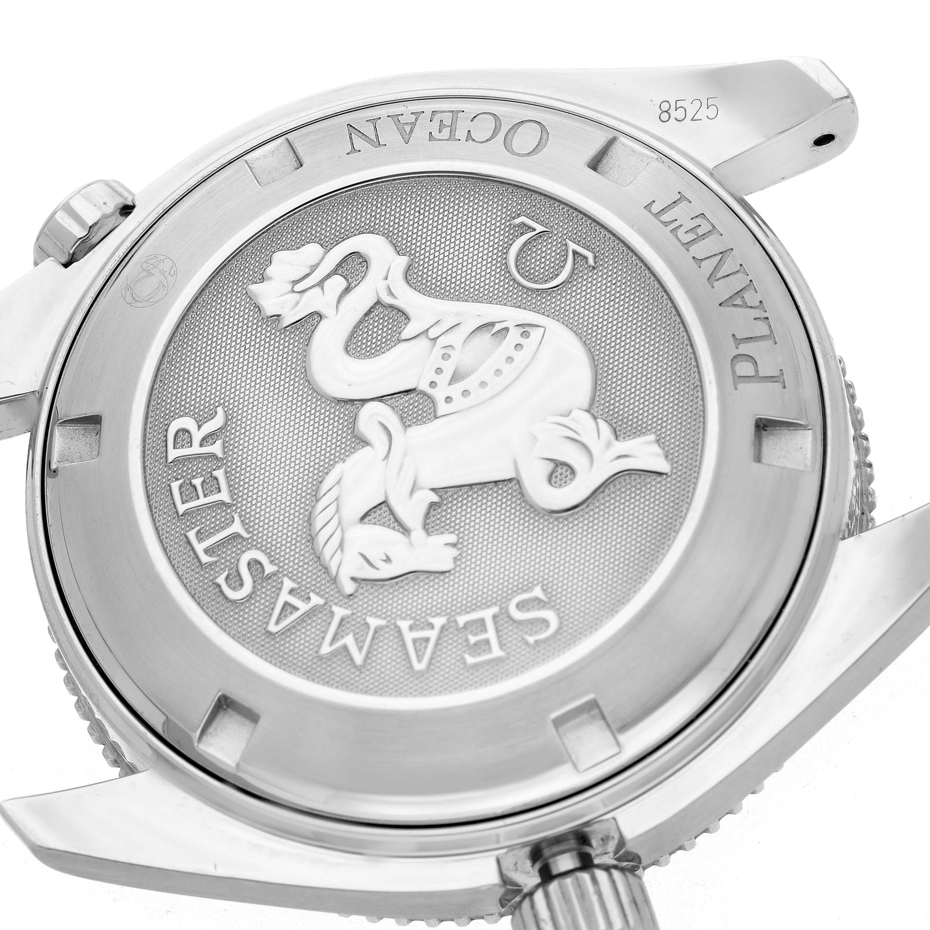 The image shows the case back of an Omega Planet Ocean 2201.51.00 Men
s Stainless Steel Black Dial 2201.51.00 Men
s Stainless Steel Black Dial watch from a slightly angled top-down view.