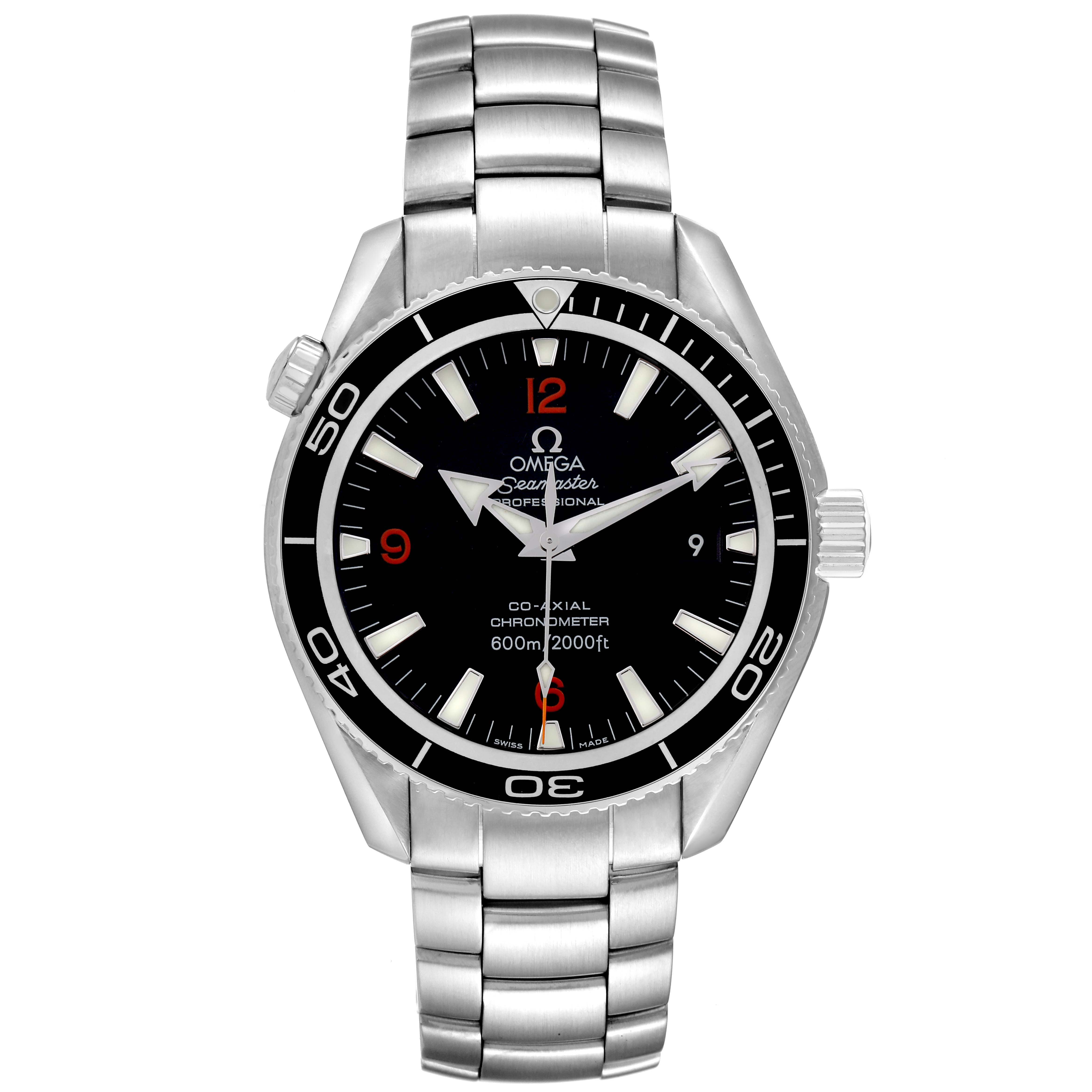 The Omega Planet Ocean 2201.51.00 Men
s Stainless Steel Black Dial 2201.51.00 Men
s Stainless Steel Black Dial watch is shown from a front angle, displaying its bezel, dial, crown, and bracelet.