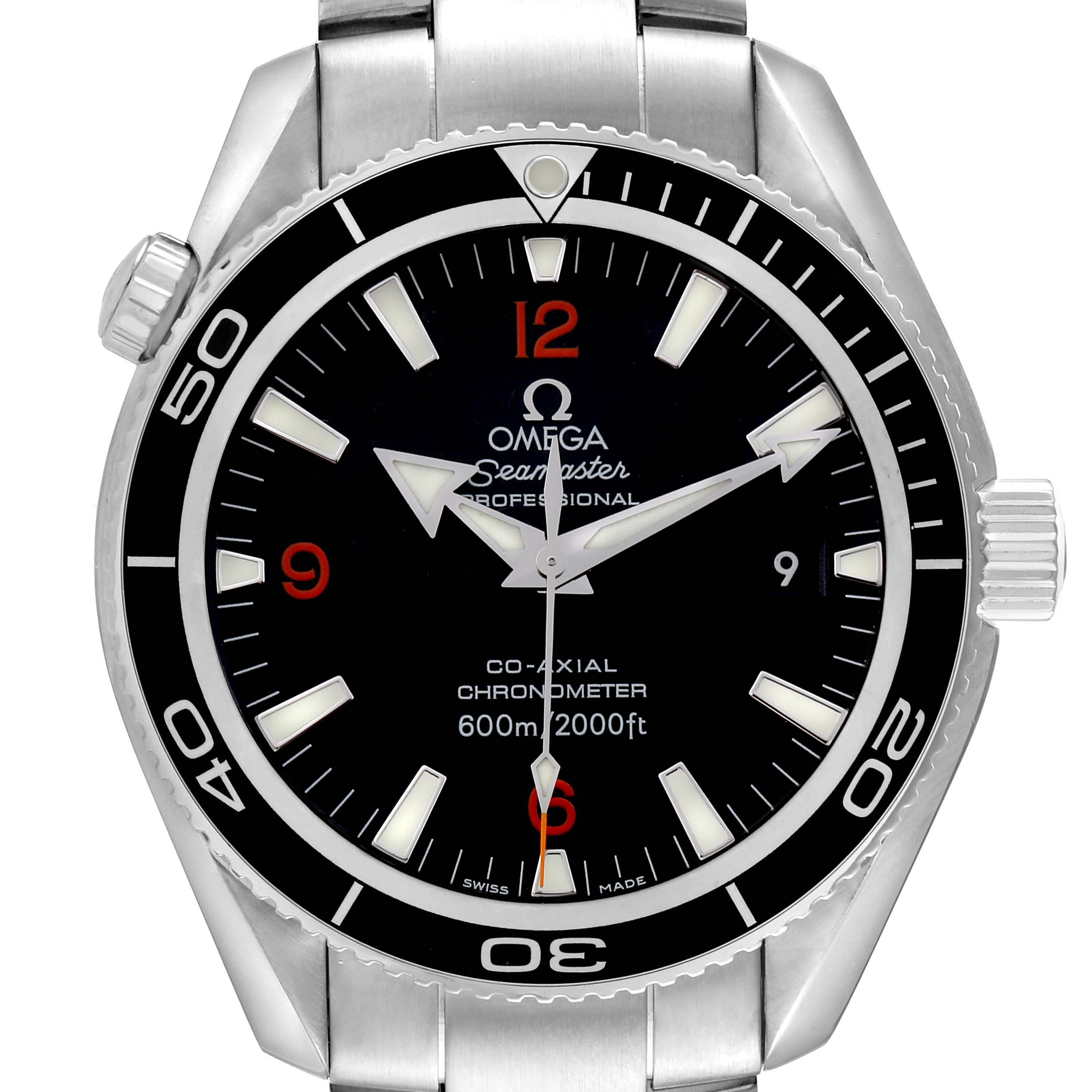 The Omega Planet Ocean 2201.51.00 Men
s Stainless Steel Black Dial 2201.51.00 Men
s Stainless Steel Black Dial watch is shown from a front angle, displaying the face, bezel, and part of the bracelet.