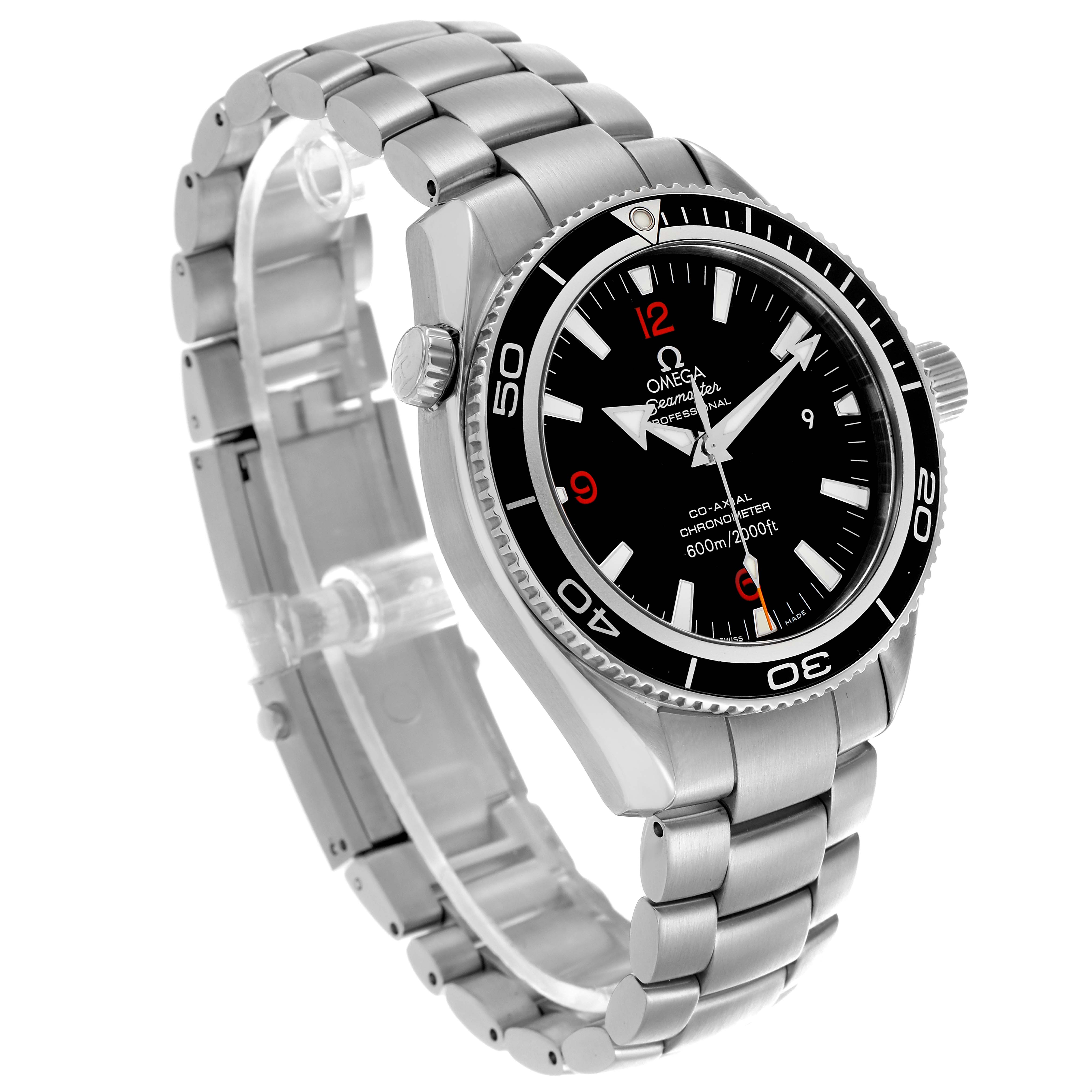 The Omega Planet Ocean 2201.51.00 Men
s Stainless Steel Black Dial 2201.51.00 Men
s Stainless Steel Black Dial watch is shown at a three-quarter angle, displaying the bracelet, bezel, and dial with clear markings.