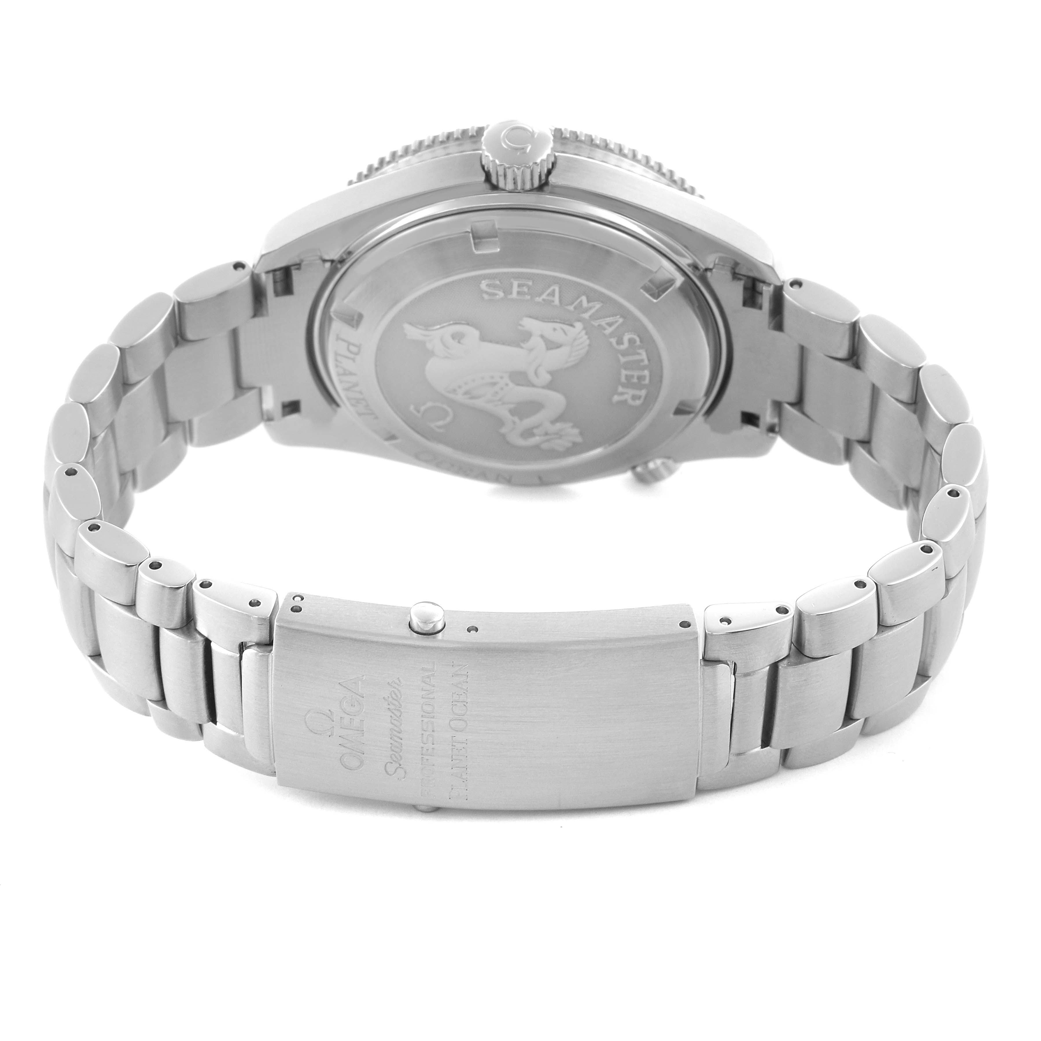 The Omega Planet Ocean 2201.51.00 Men
s Stainless Steel Black Dial 2201.51.00 Men
s Stainless Steel Black Dial watch is shown from the back, highlighting the case back and metal bracelet with the clasp visible.