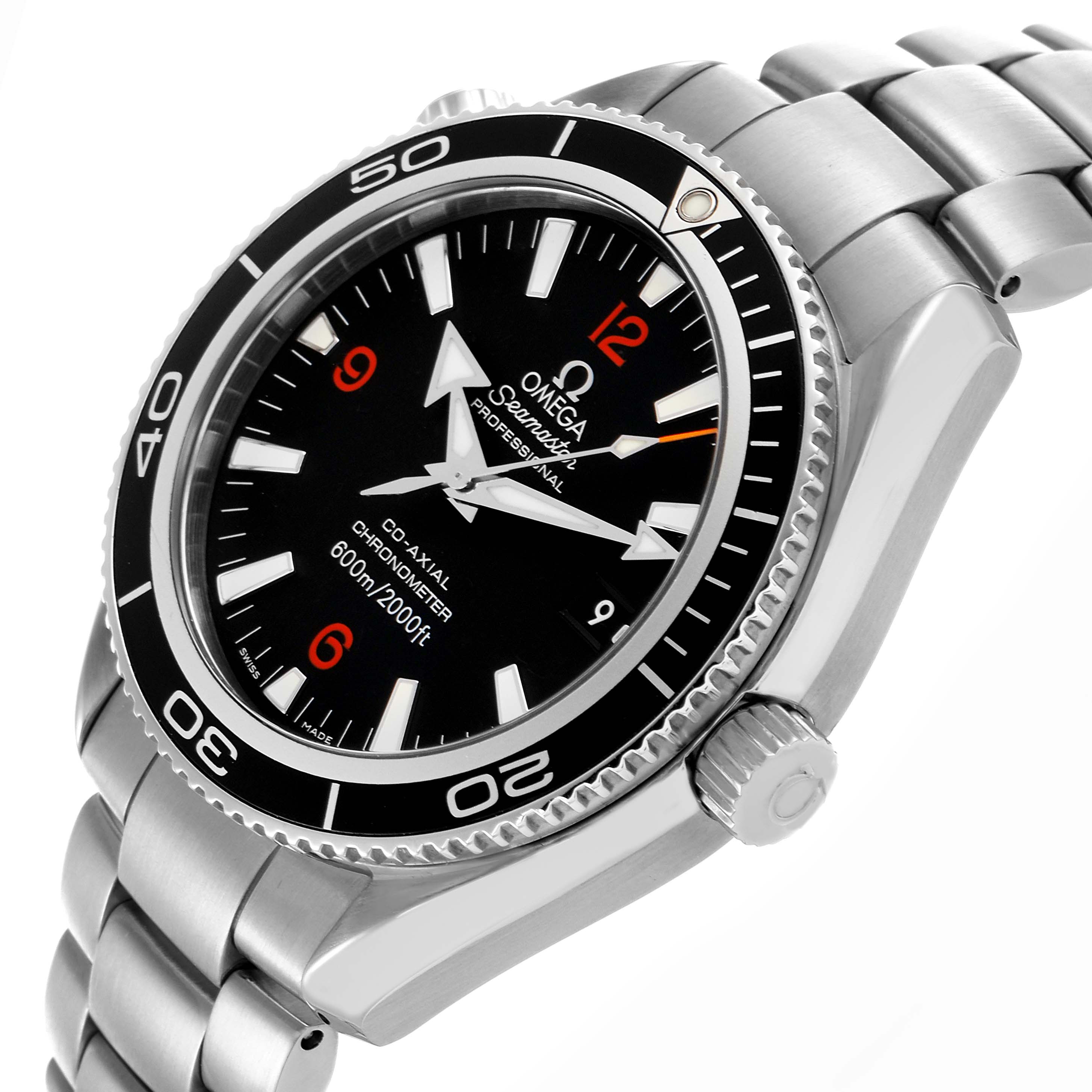 The Omega Planet Ocean 2201.51.00 Men
s Stainless Steel Black Dial 2201.51.00 Men
s Stainless Steel Black Dial watch is shown at a tilted angle, highlighting the face, bezel, crown, and part of the bracelet.