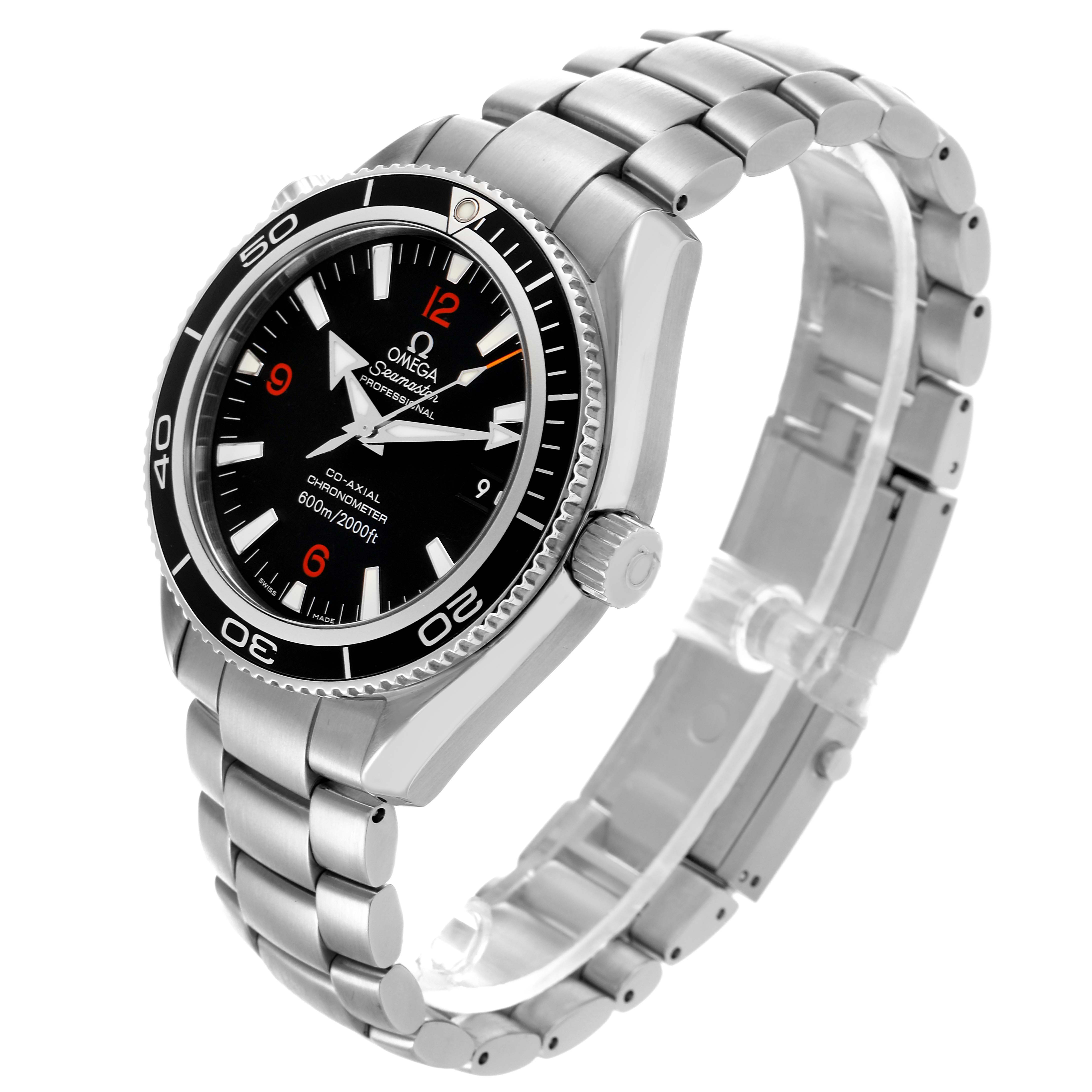 The Omega Planet Ocean 2201.51.00 Men
s Stainless Steel Black Dial 2201.51.00 Men
s Stainless Steel Black Dial watch is shown at a three-quarter angle, highlighting the face, bezel, crown, and bracelet.