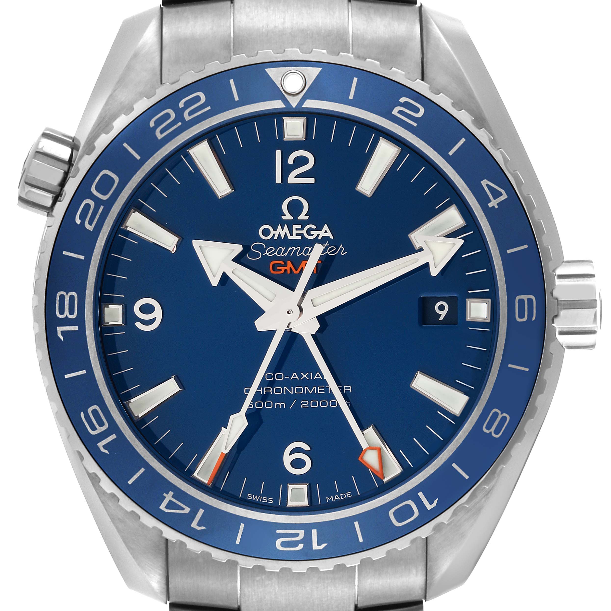 The image shows the front view of an Omega Planet Ocean 232.90.44.22.03.001 Men's Titanium Blue Dial 232.90.44.22.03.001 Men's Titanium Blue Dial Seamaster GMT watch, highlighting the dial and bezel.