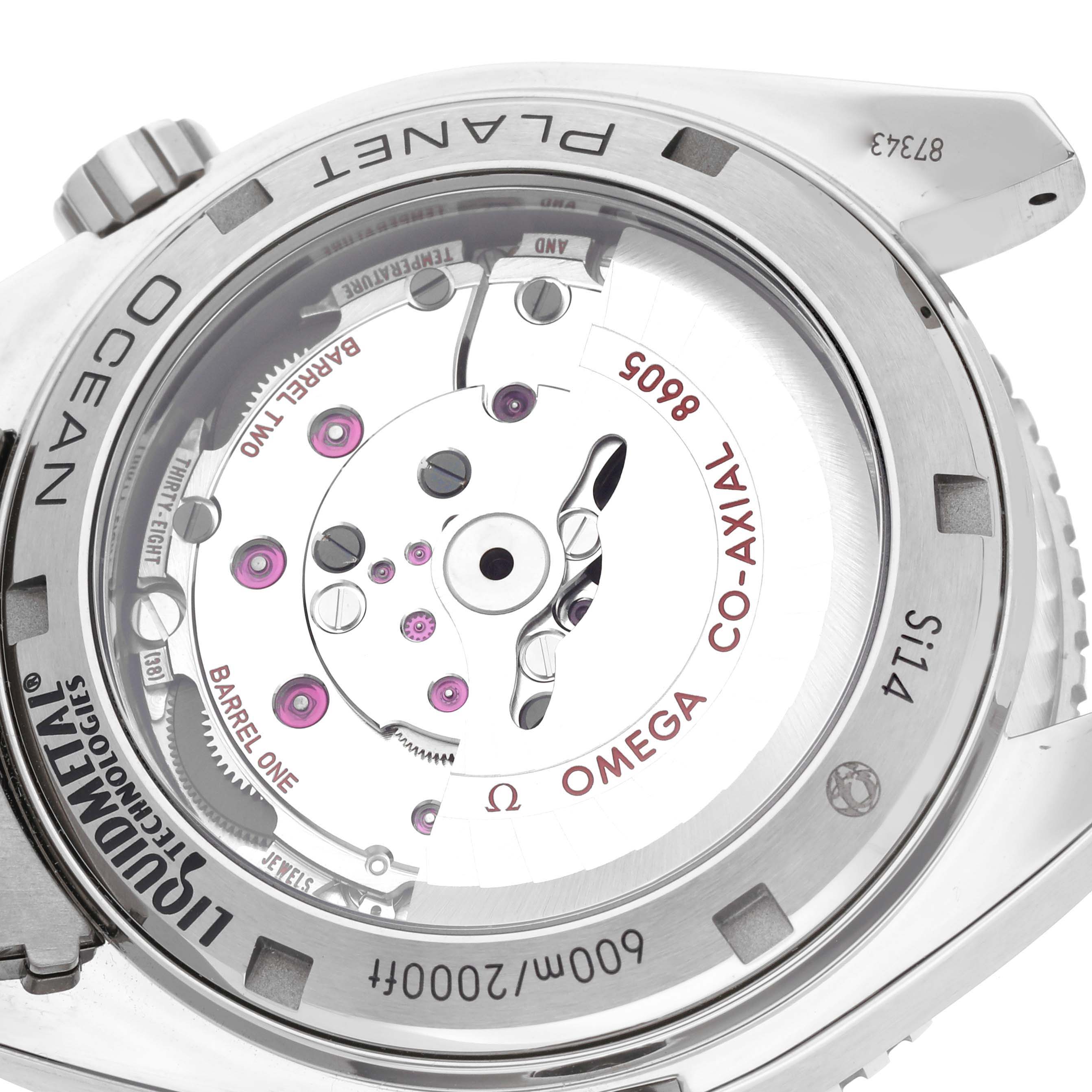 The image shows the back of the Omega Planet Ocean 232.90.44.22.03.001 Men's Titanium Blue Dial 232.90.44.22.03.001 Men's Titanium Blue Dial watch, highlighting its movement and internal mechanisms.