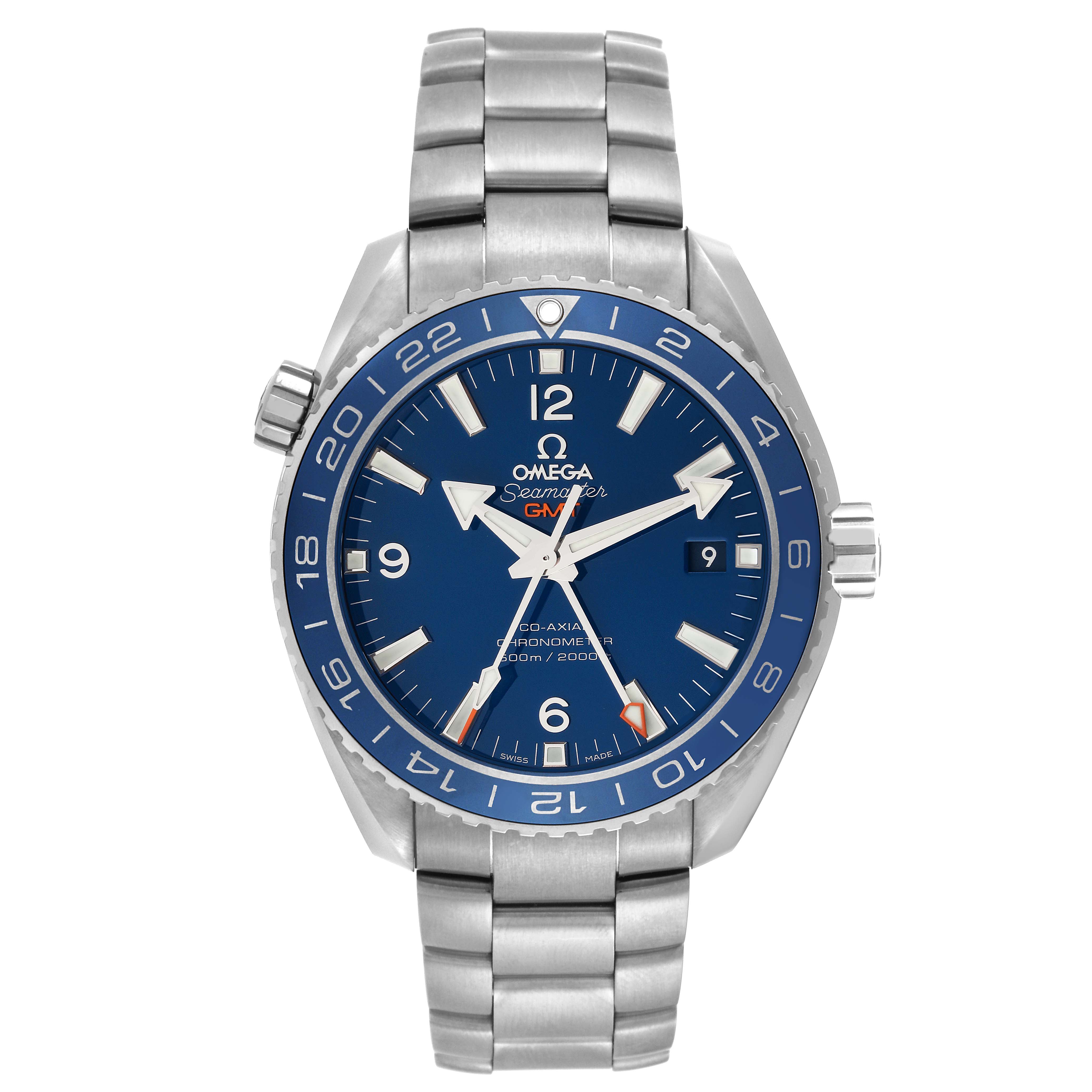 This image shows a front view of the Omega Planet Ocean 232.90.44.22.03.001 Men's Titanium Blue Dial 232.90.44.22.03.001 Men's Titanium Blue Dial watch, featuring its dial, bezel, bracelet, and crown.