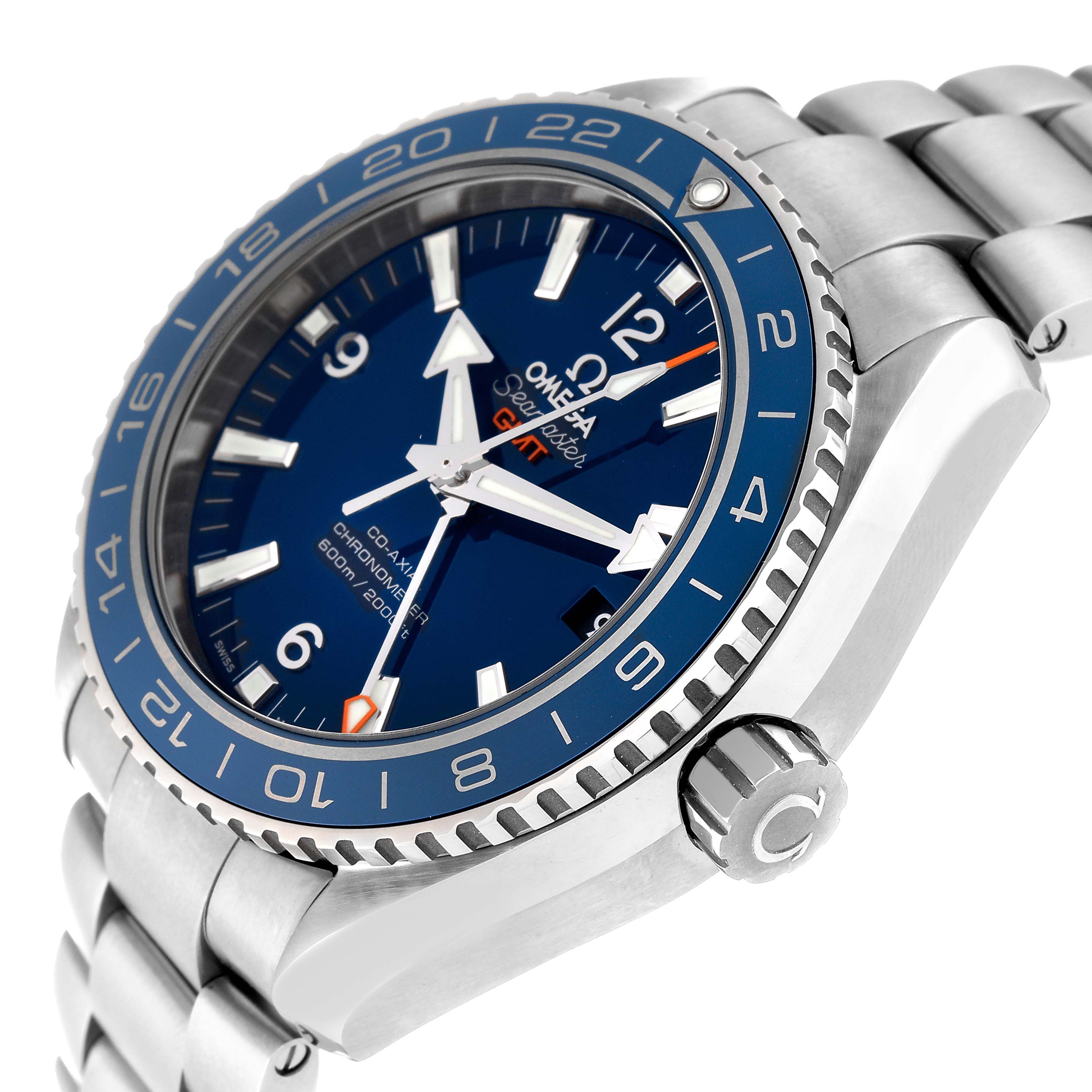 The image shows an angled view of the Omega Planet Ocean 232.90.44.22.03.001 Men's Titanium Blue Dial 232.90.44.22.03.001 Men's Titanium Blue Dial watch highlighting the dial, bezel, and part of the bracelet.