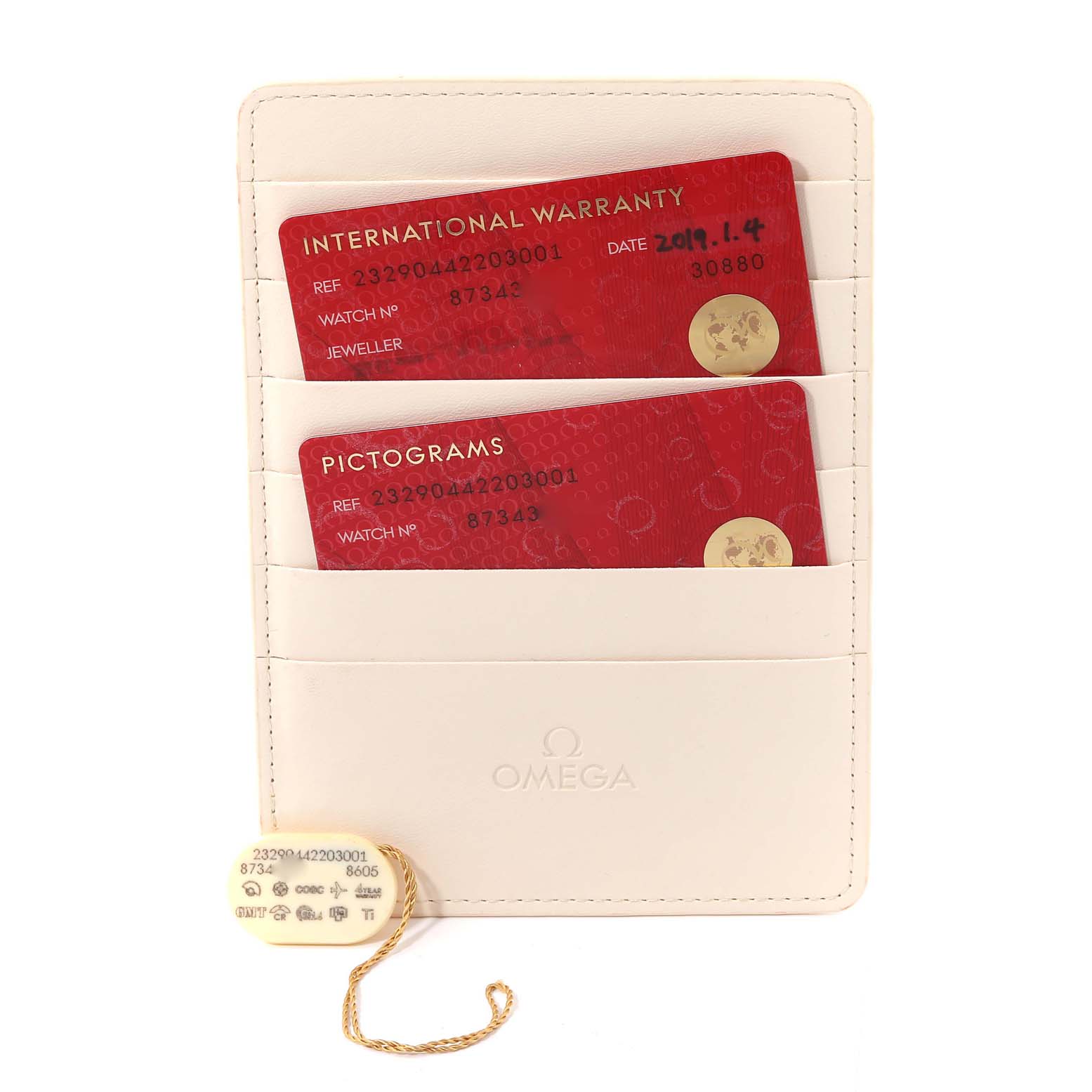 The image shows Omega Planet Ocean 232.90.44.22.03.001 Men's Titanium Blue Dial 232.90.44.22.03.001 Men's Titanium Blue Dial model cards and accessories, including an international warranty card, pictograms card, and tag.