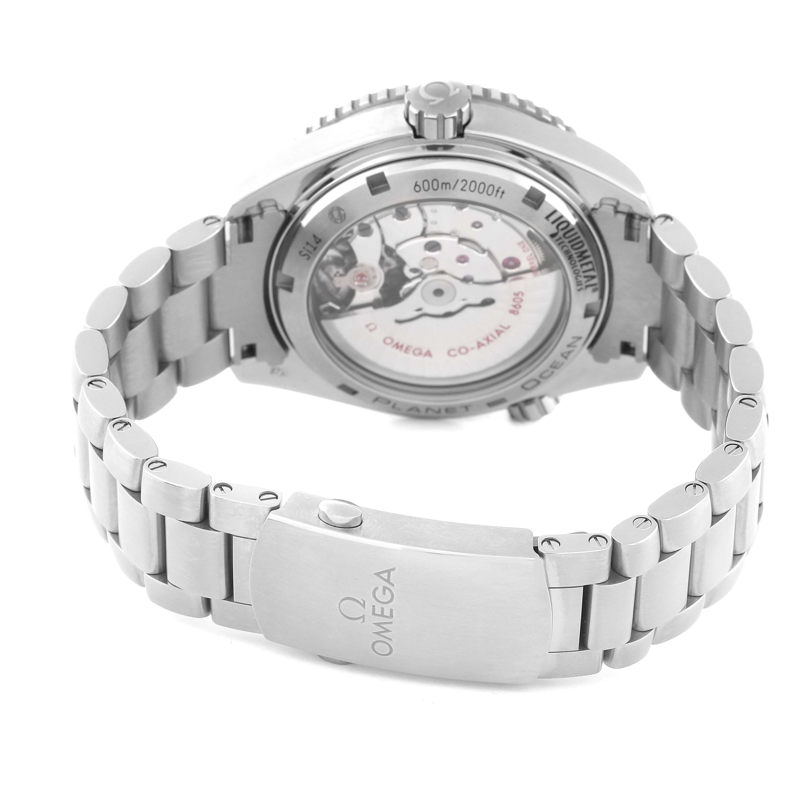 This image shows the back view of an Omega Planet Ocean 232.90.44.22.03.001 Men's Titanium Blue Dial 232.90.44.22.03.001 Men's Titanium Blue Dial watch, focusing on its stainless steel bracelet and transparent case back.