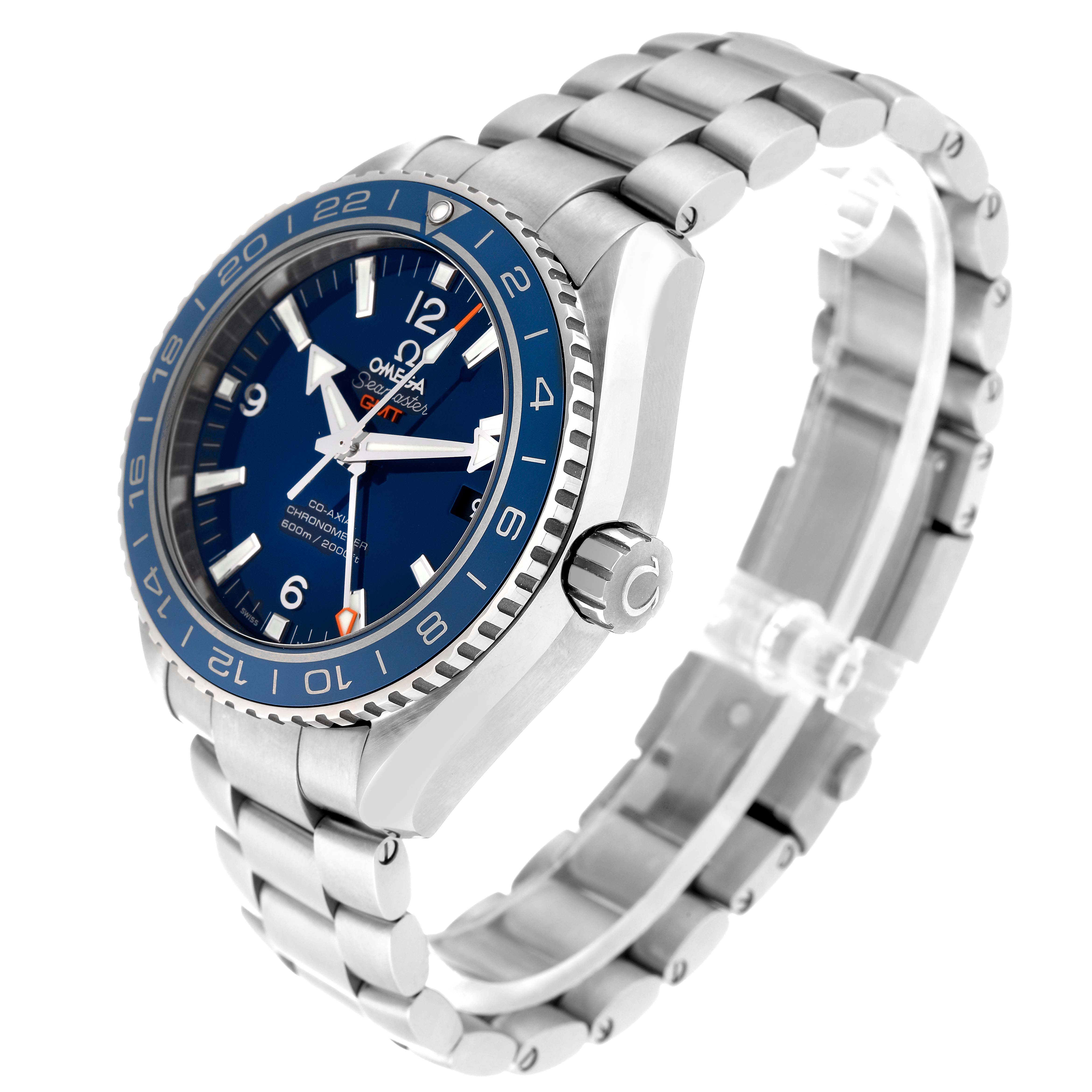 The image shows an angled view of the Omega Planet Ocean 232.90.44.22.03.001 Men's Titanium Blue Dial 232.90.44.22.03.001 Men's Titanium Blue Dial watch, highlighting the case, bezel, dial, and bracelet.