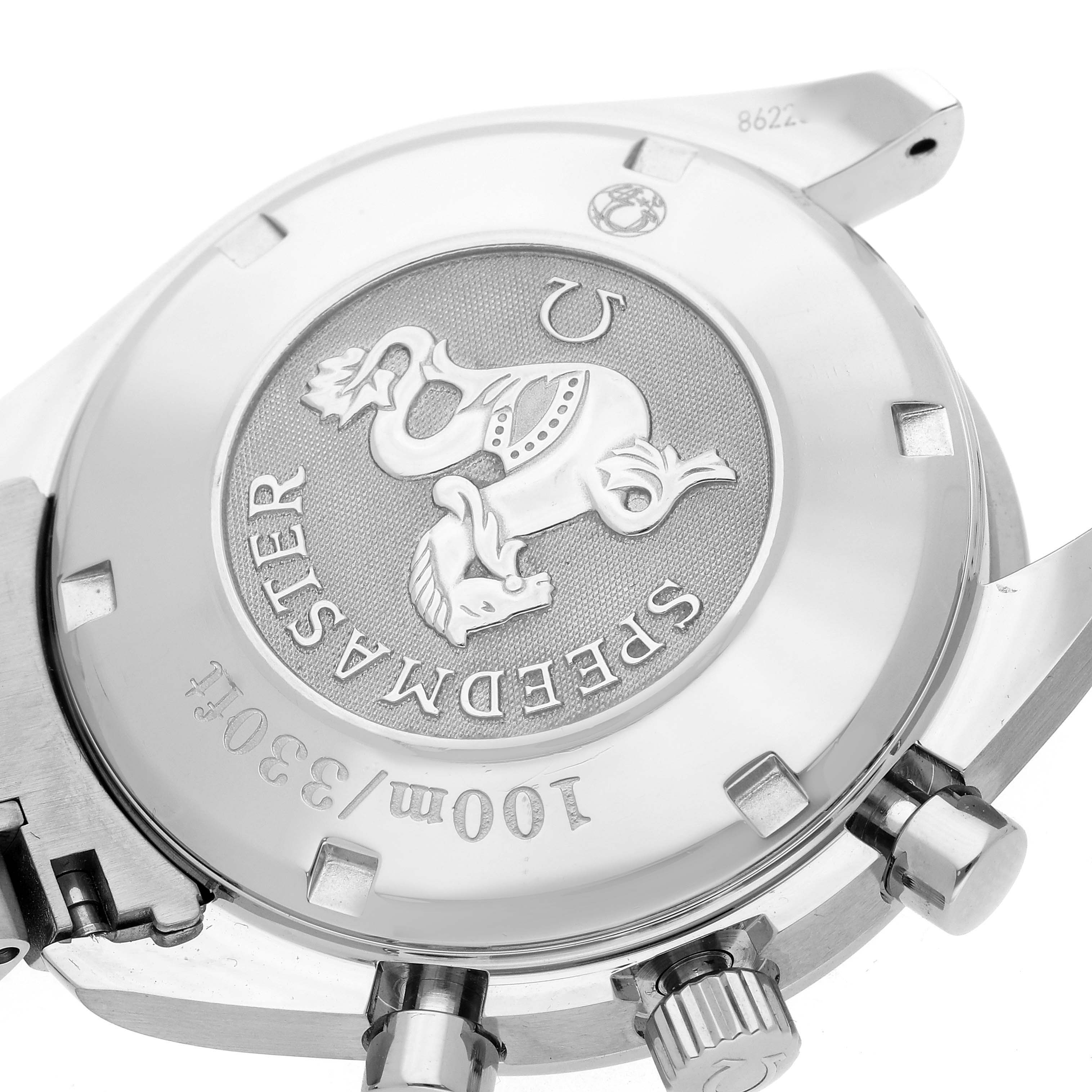 The image shows the back case of an Omega Speedmaster 3212.80.00 Men
s Stainless Steel Blue Dial 3212.80.00 Men
s Stainless Steel Blue Dial watch, highlighting the engraved logo and water resistance markings.