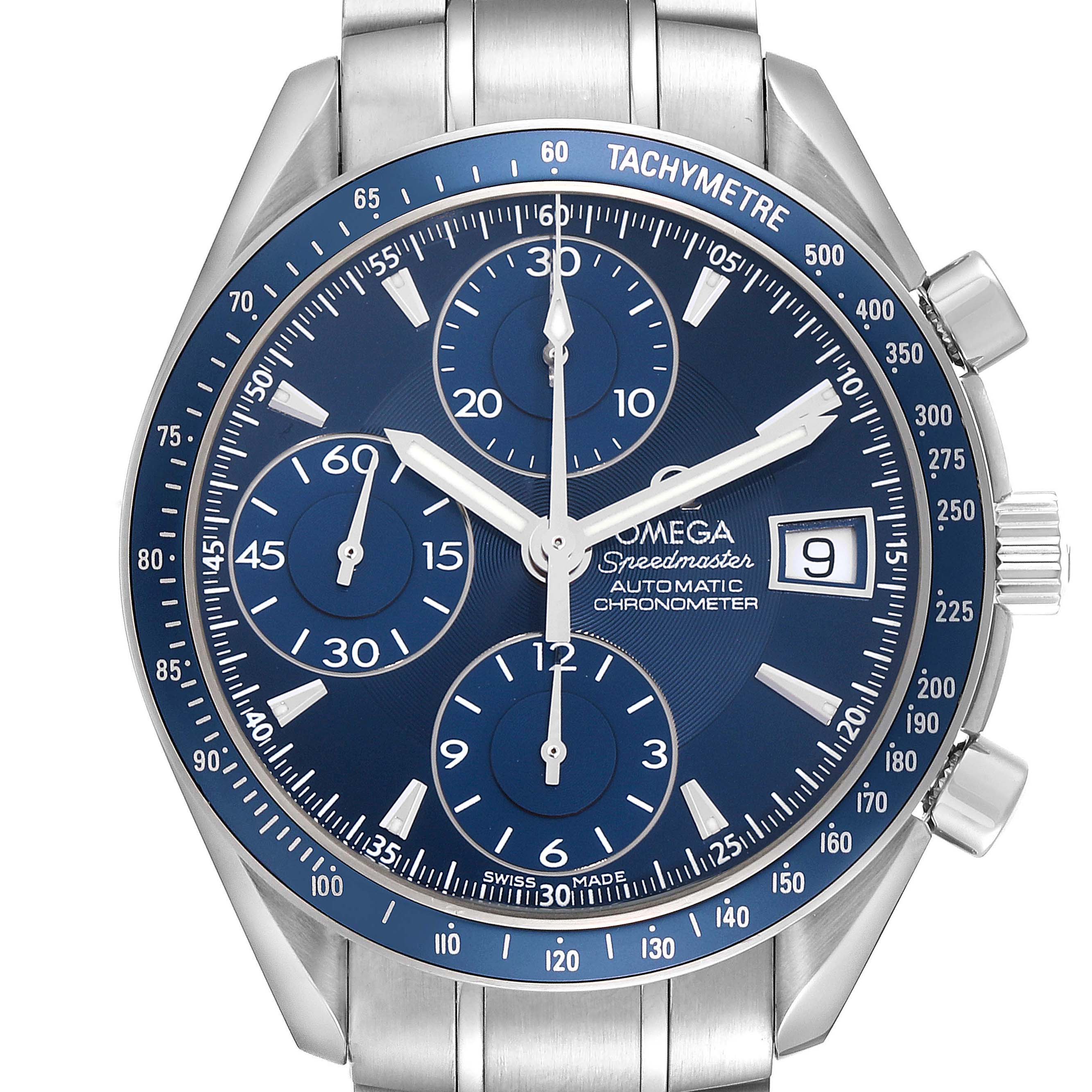 The Omega Speedmaster 3212.80.00 Men
s Stainless Steel Blue Dial 3212.80.00 Men
s Stainless Steel Blue Dial watch is shown from the front, displaying its blue dial, tachymeter bezel, chronograph subdials, and date window.
