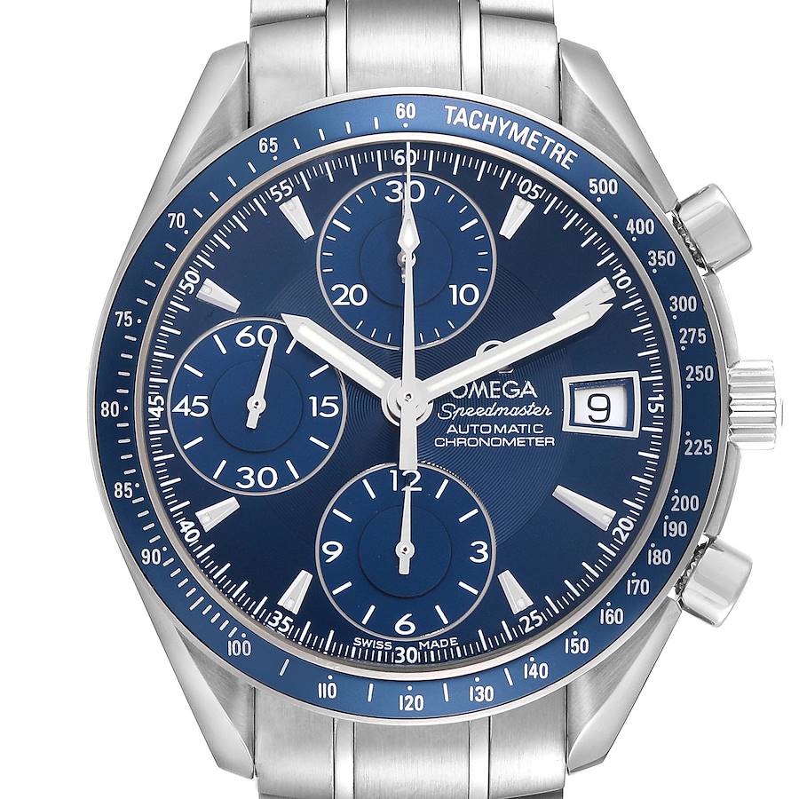 The Omega Speedmaster watch is shown from the front, displaying its blue dial, tachymeter bezel, chronograph subdials, and date window.