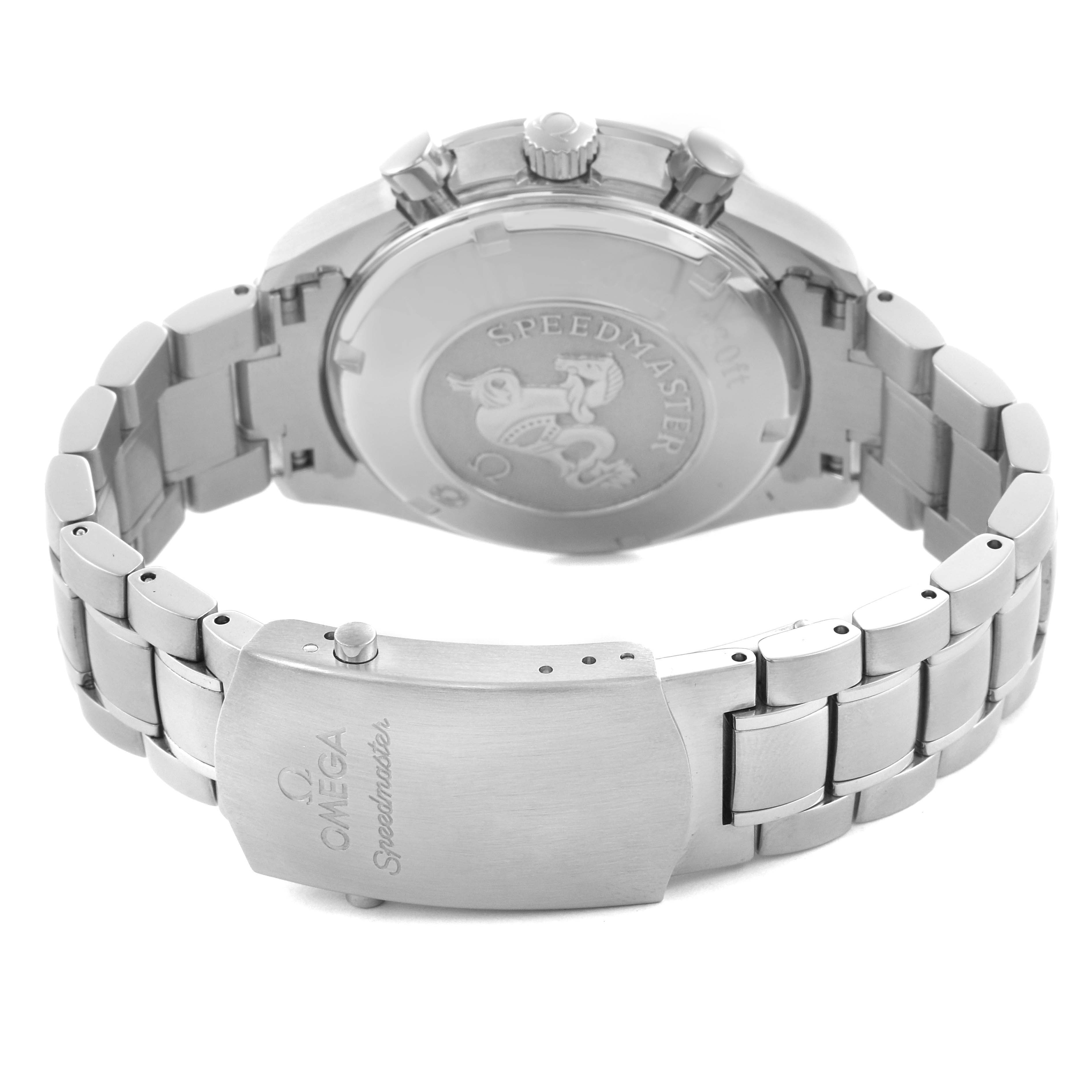 The Omega Speedmaster 3212.80.00 Men
s Stainless Steel Blue Dial 3212.80.00 Men
s Stainless Steel Blue Dial watch is shown from the back, highlighting the case back and the bracelet clasp.