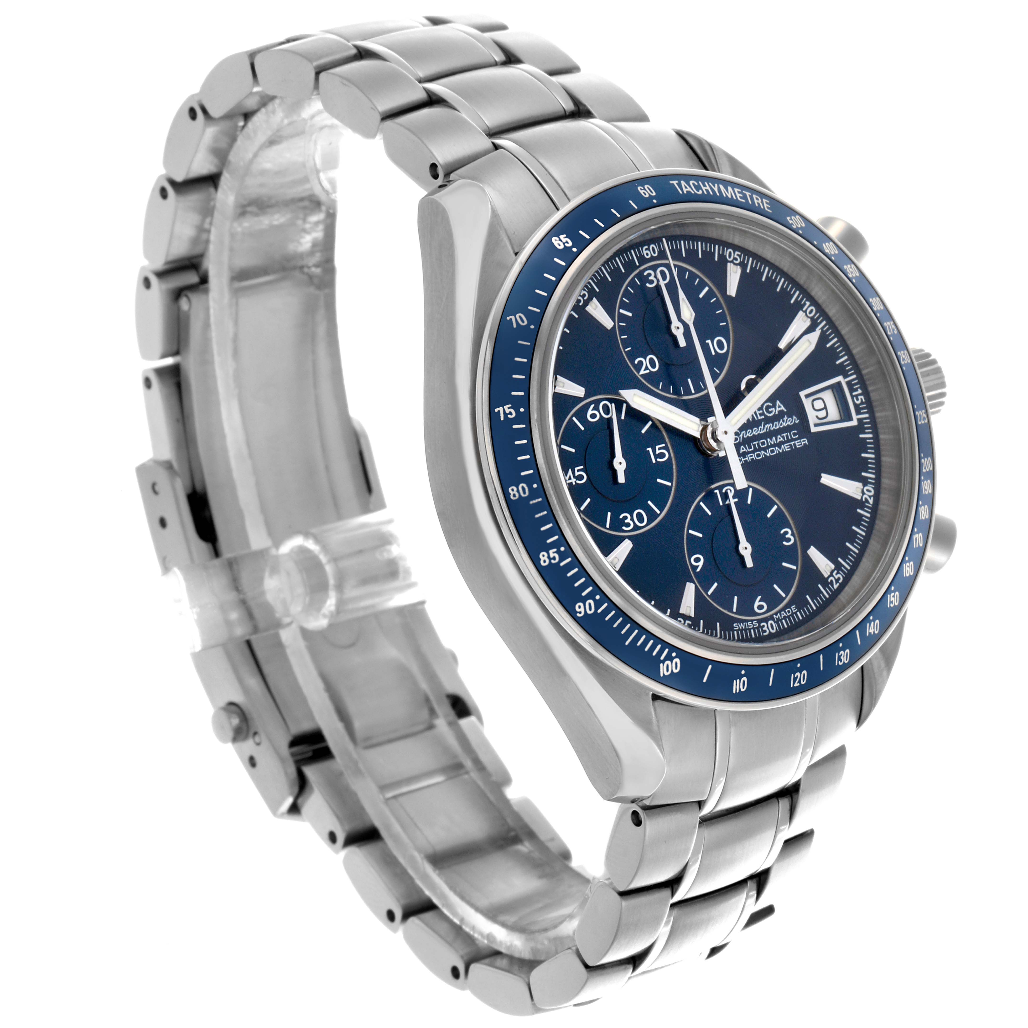 The Omega Speedmaster 3212.80.00 Men
s Stainless Steel Blue Dial 3212.80.00 Men
s Stainless Steel Blue Dial is shown at an angled view, highlighting the dial, bracelet, tachymeter bezel, and pushers.