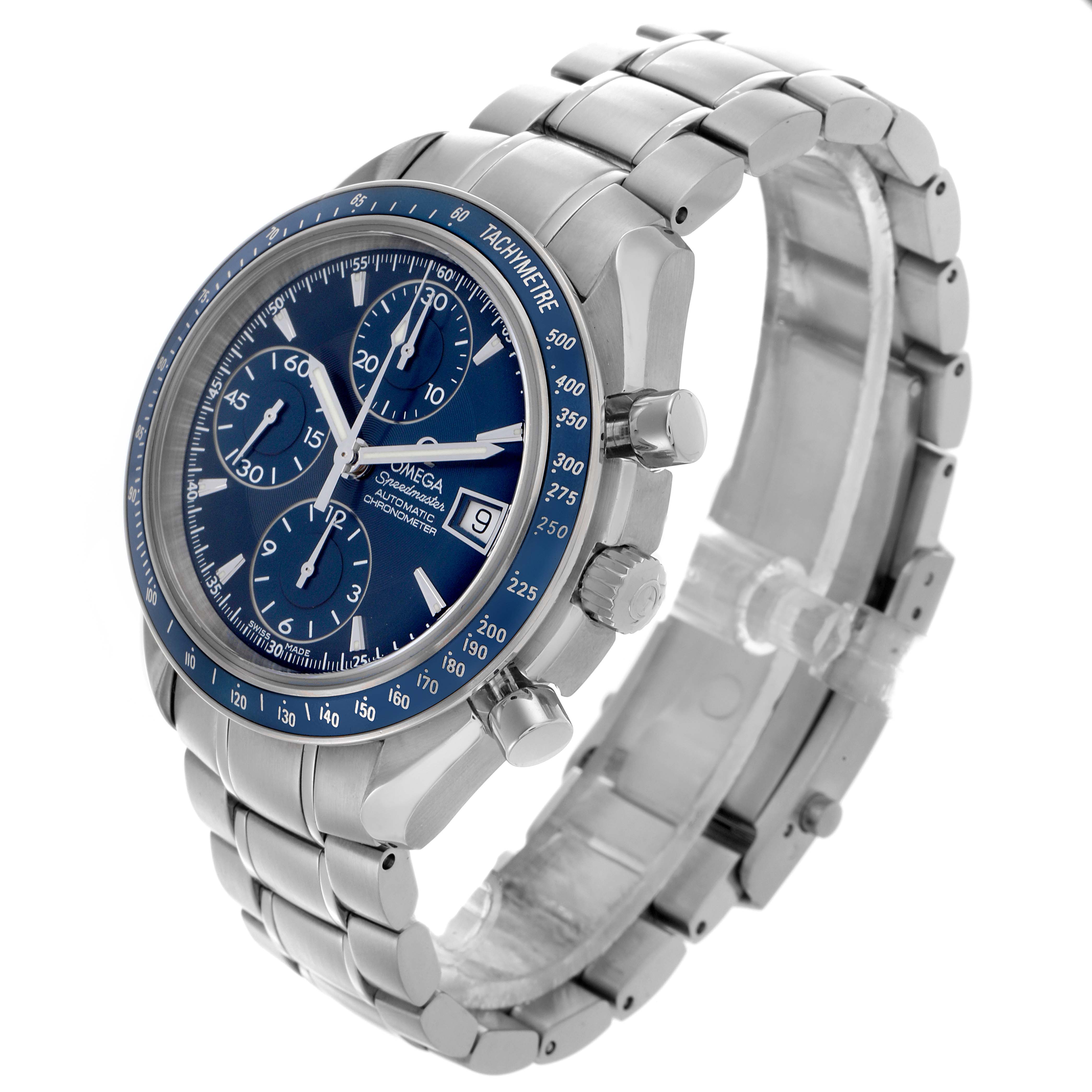 The image shows an Omega Speedmaster 3212.80.00 Men
s Stainless Steel Blue Dial 3212.80.00 Men
s Stainless Steel Blue Dial watch at a three-quarter view, highlighting the face, bezel, crown, pushers, and bracelet.