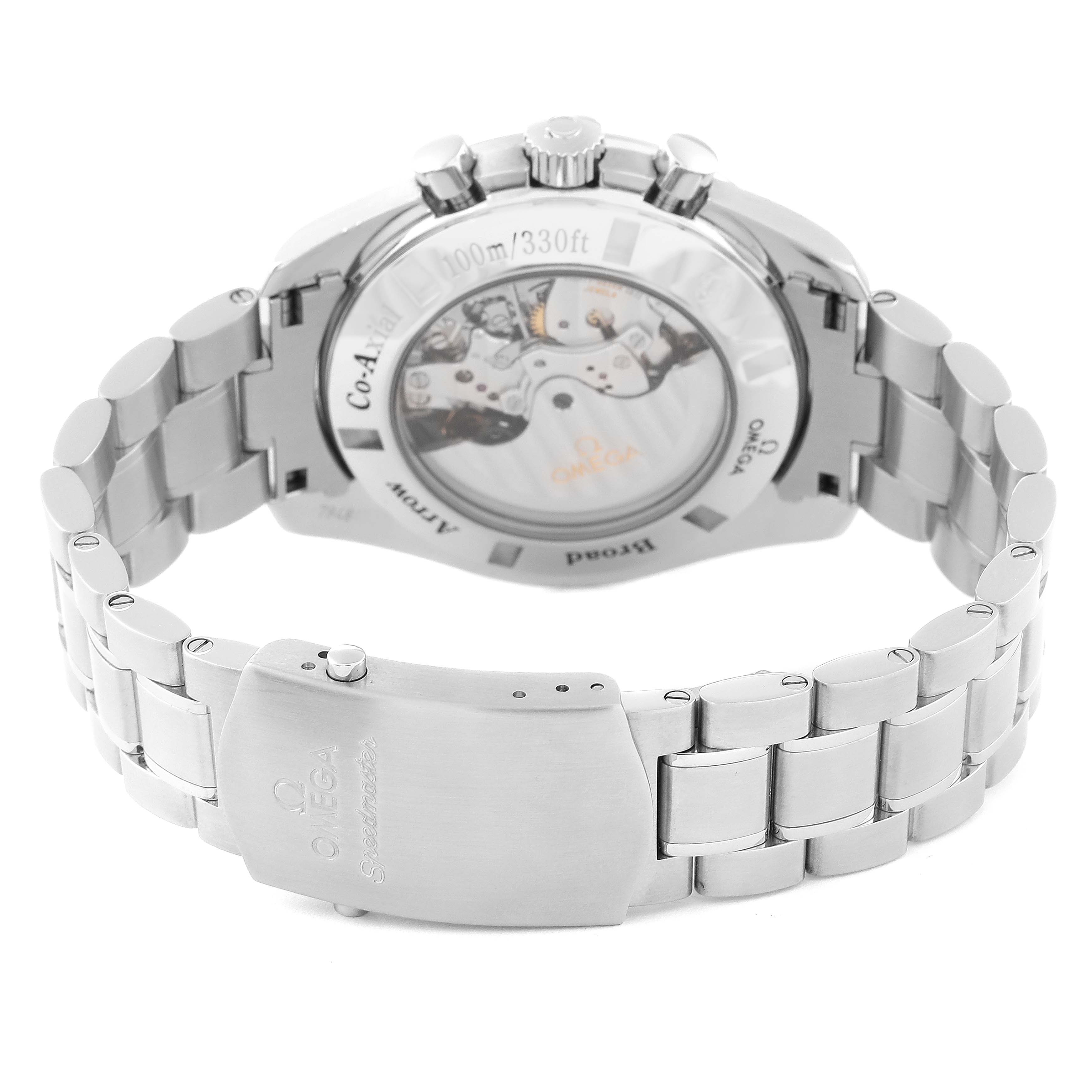 The image shows the back view of an Omega Speedmaster 321.10.44.50.02.001 Men
s Stainless Steel Silver Dial 321.10.44.50.02.001 Men
s Stainless Steel Silver Dial watch, highlighting the bracelet, clasp, and open case back with visible movement.