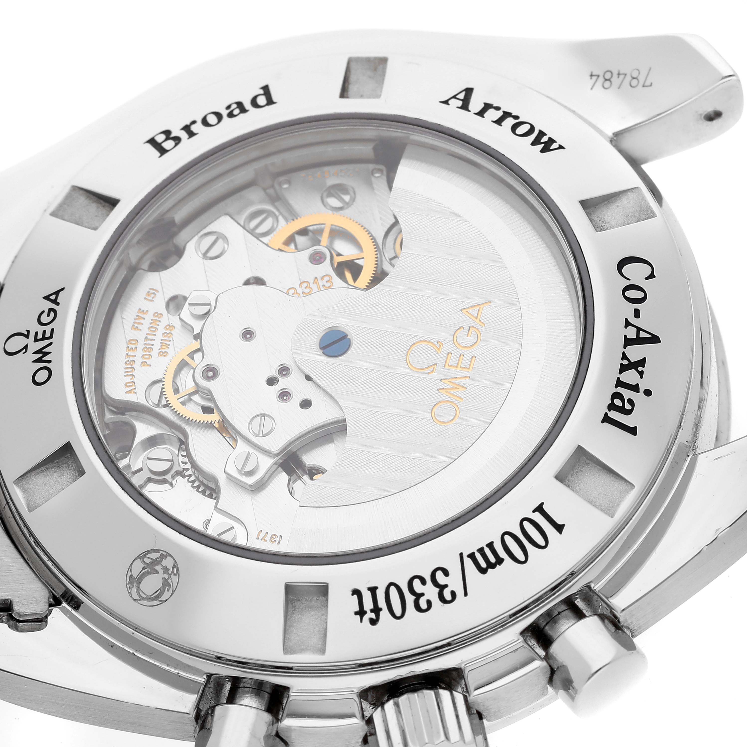 This image shows the back view of an Omega Speedmaster 321.10.44.50.02.001 Men
s Stainless Steel Silver Dial 321.10.44.50.02.001 Men
s Stainless Steel Silver Dial, highlighting its Co-Axial mechanism and intricate movement.