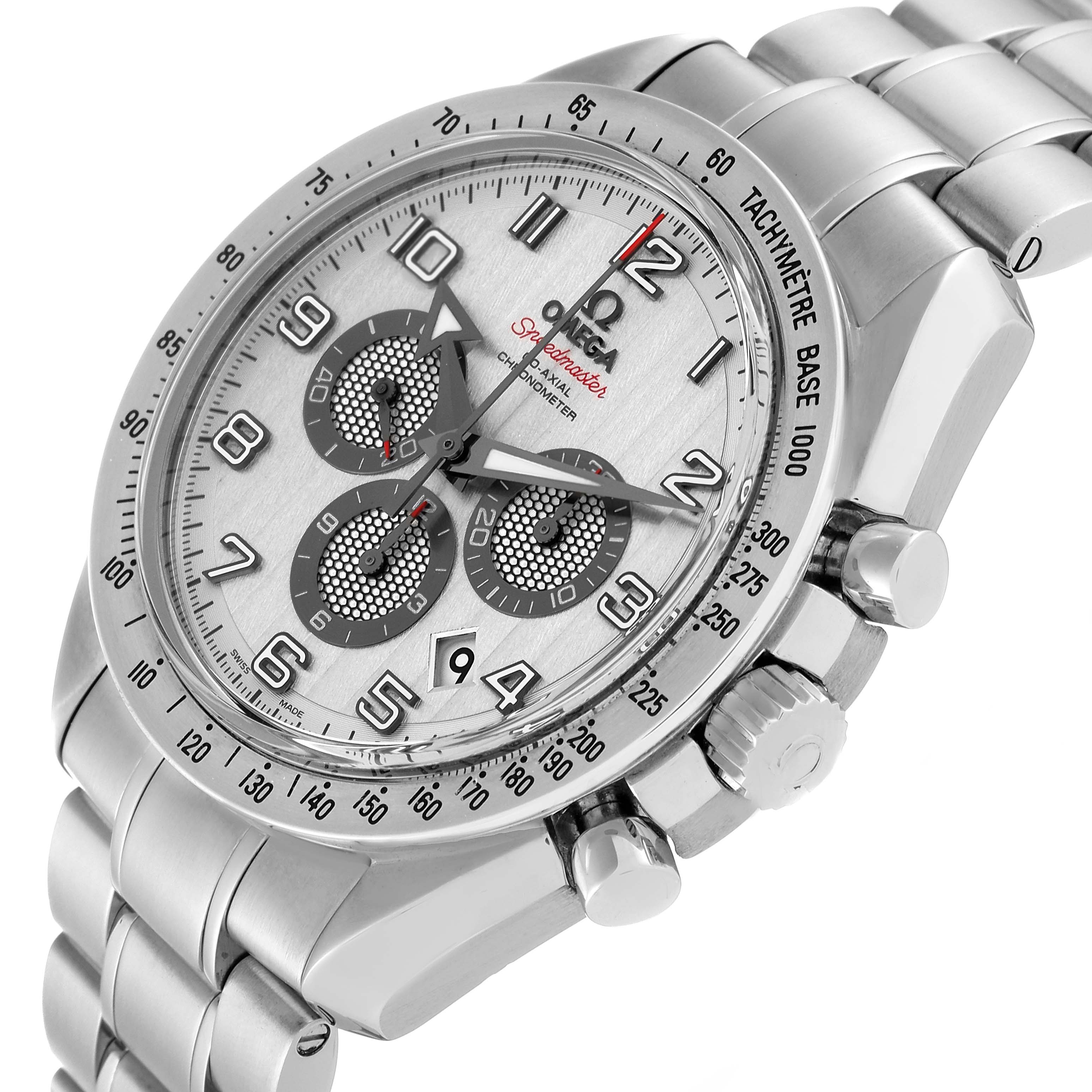 This Omega Speedmaster 321.10.44.50.02.001 Men
s Stainless Steel Silver Dial 321.10.44.50.02.001 Men
s Stainless Steel Silver Dial watch is shown at a three-quarter angle, displaying its dial, bracelet, and side buttons.