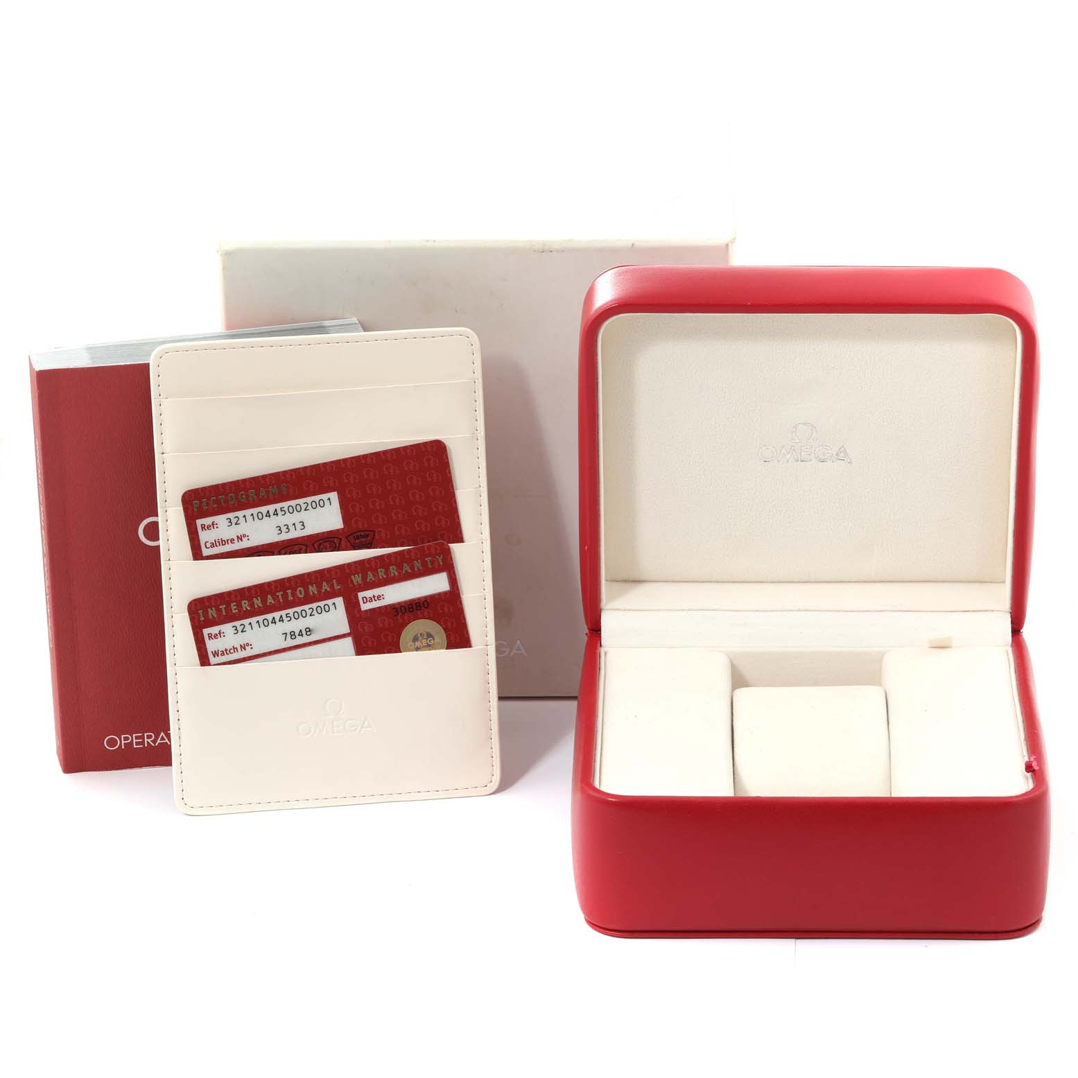 The image shows an open Omega Speedmaster 321.10.44.50.02.001 Men
s Stainless Steel Silver Dial 321.10.44.50.02.001 Men
s Stainless Steel Silver Dial watch box, warranty cards, and manuals.