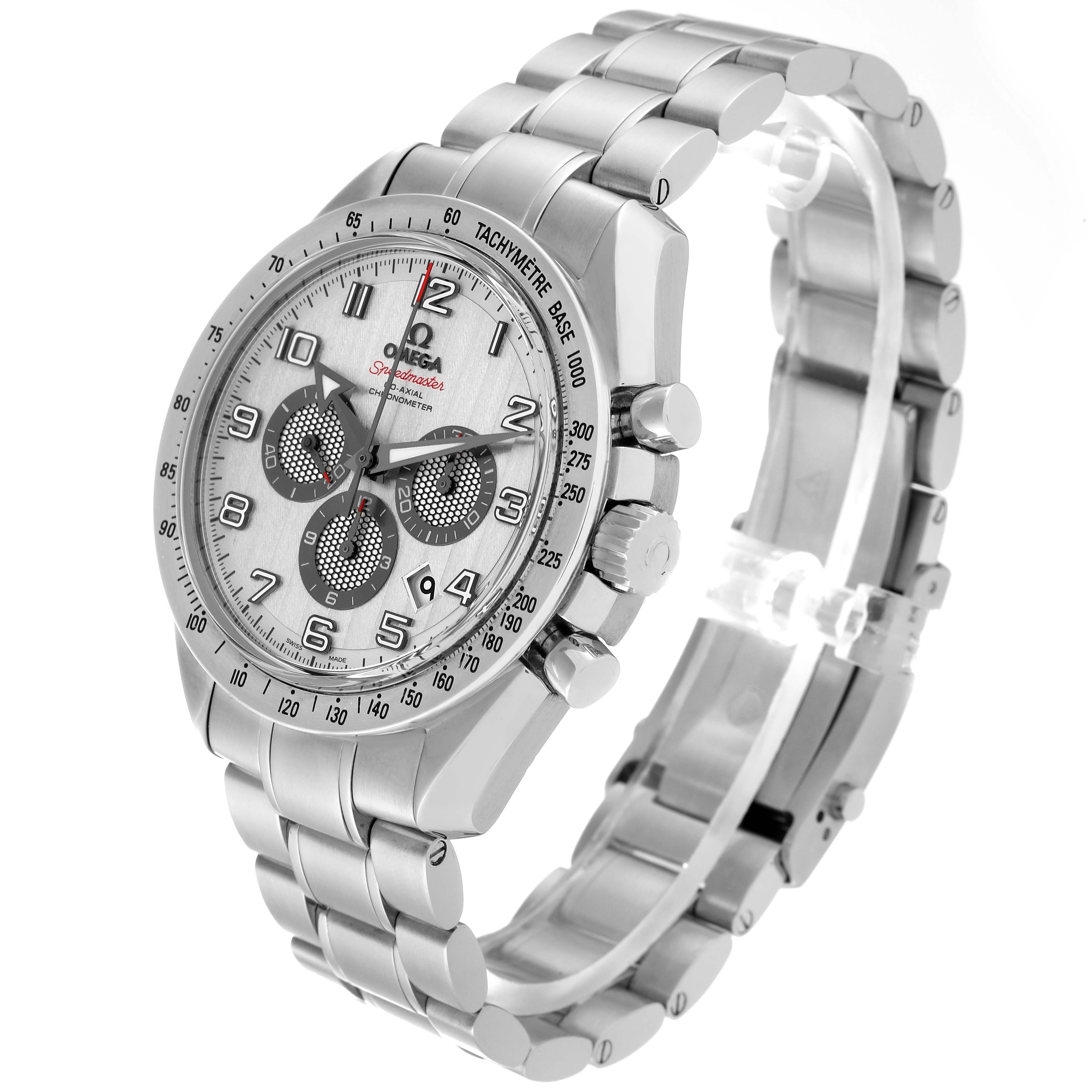 This image shows the Omega Speedmaster 321.10.44.50.02.001 Men
s Stainless Steel Silver Dial 321.10.44.50.02.001 Men
s Stainless Steel Silver Dial watch from an angled side view, highlighting the dial, bezel, crown, and metal bracelet.