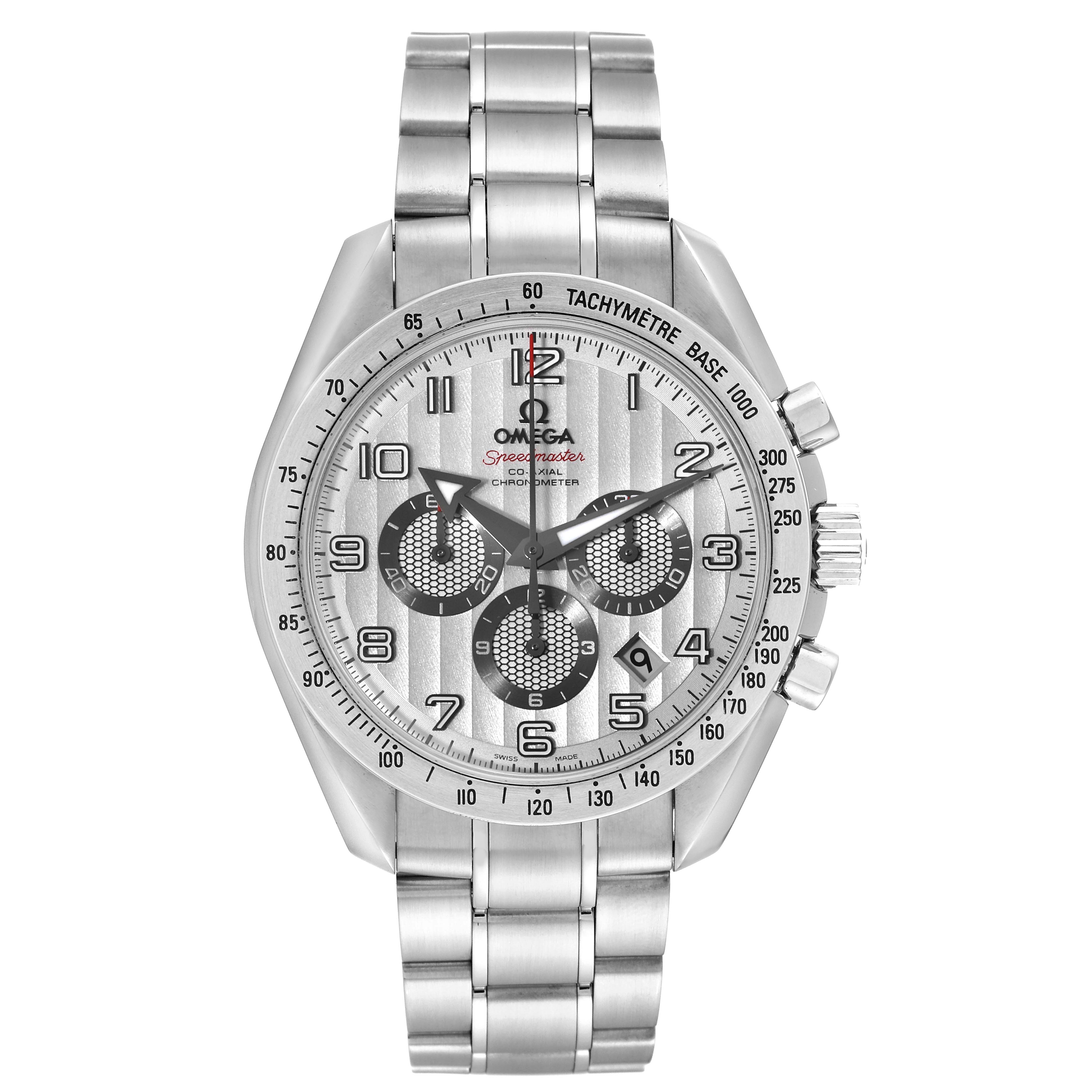 The image shows a front view of the Omega Speedmaster 321.10.44.50.02.001 Men
s Stainless Steel Silver Dial 321.10.44.50.02.001 Men
s Stainless Steel Silver Dial watch, displaying its face, bezel, and stainless steel bracelet.