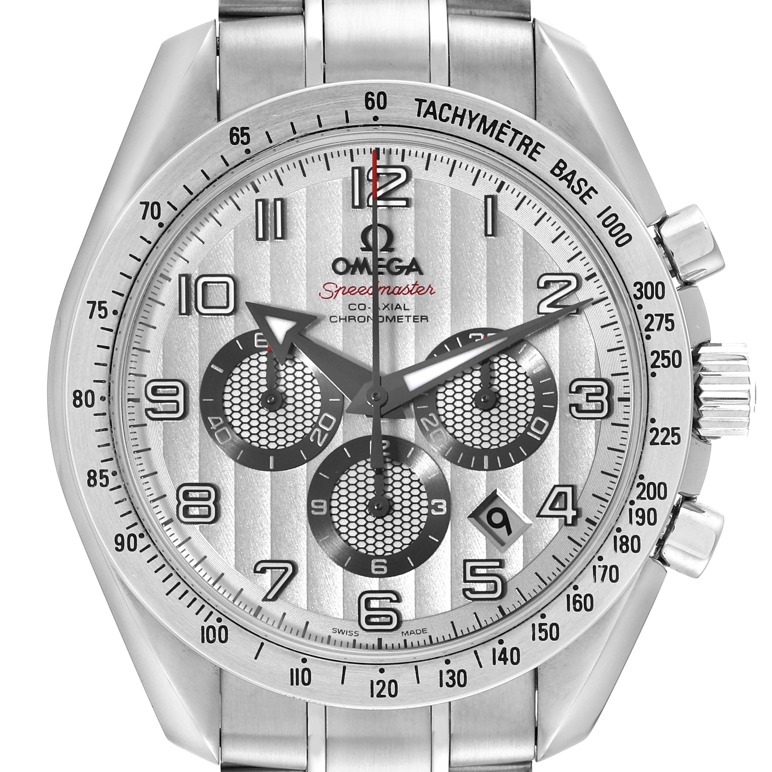 The Omega Speedmaster 321.10.44.50.02.001 Men
s Stainless Steel Silver Dial 321.10.44.50.02.001 Men
s Stainless Steel Silver Dial watch is shown from a front angle displaying the face, bezel, and part of the bracelet.