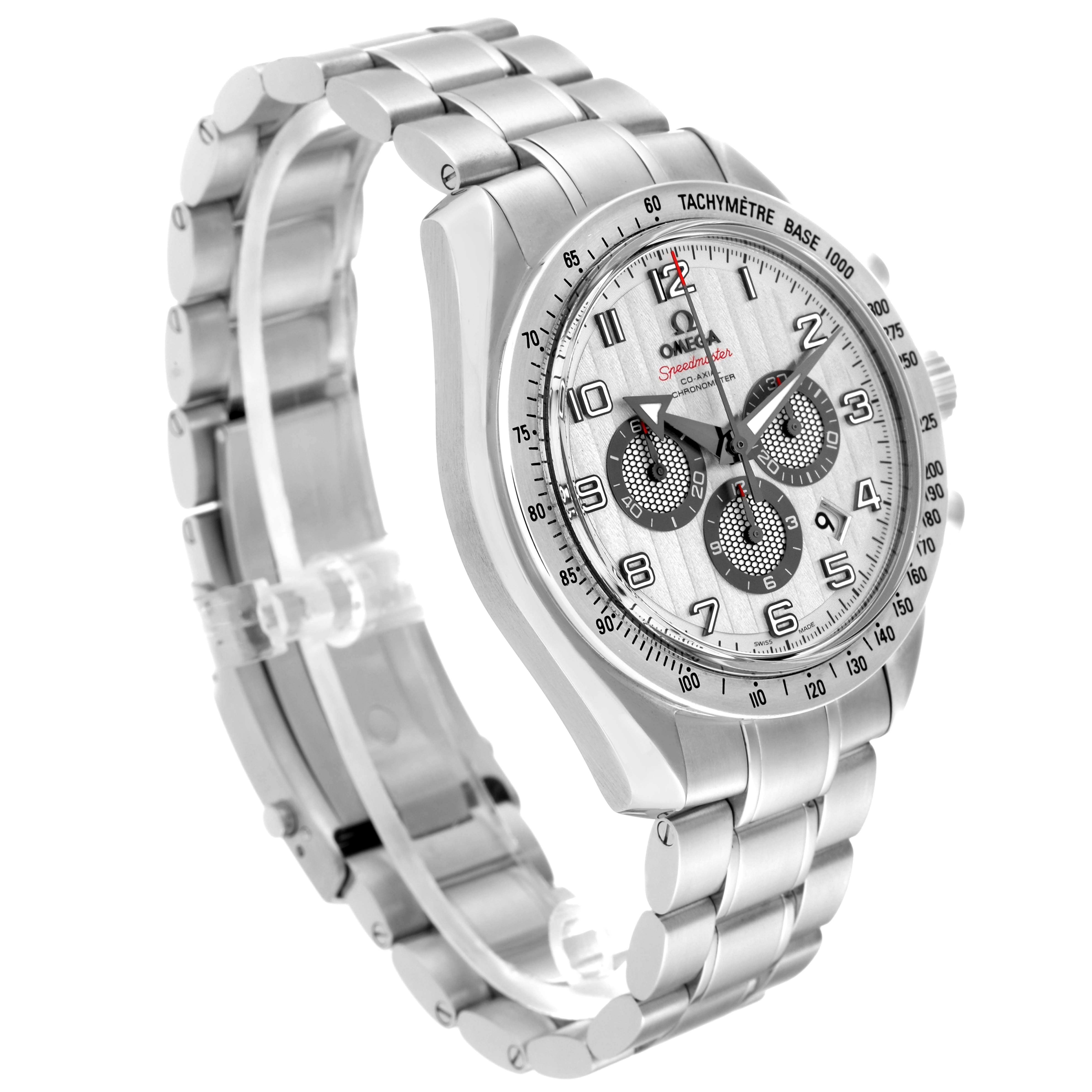 The image shows a side angle of an Omega Speedmaster 321.10.44.50.02.001 Men
s Stainless Steel Silver Dial 321.10.44.50.02.001 Men
s Stainless Steel Silver Dial watch highlighting its dial, bezel, and stainless steel bracelet.