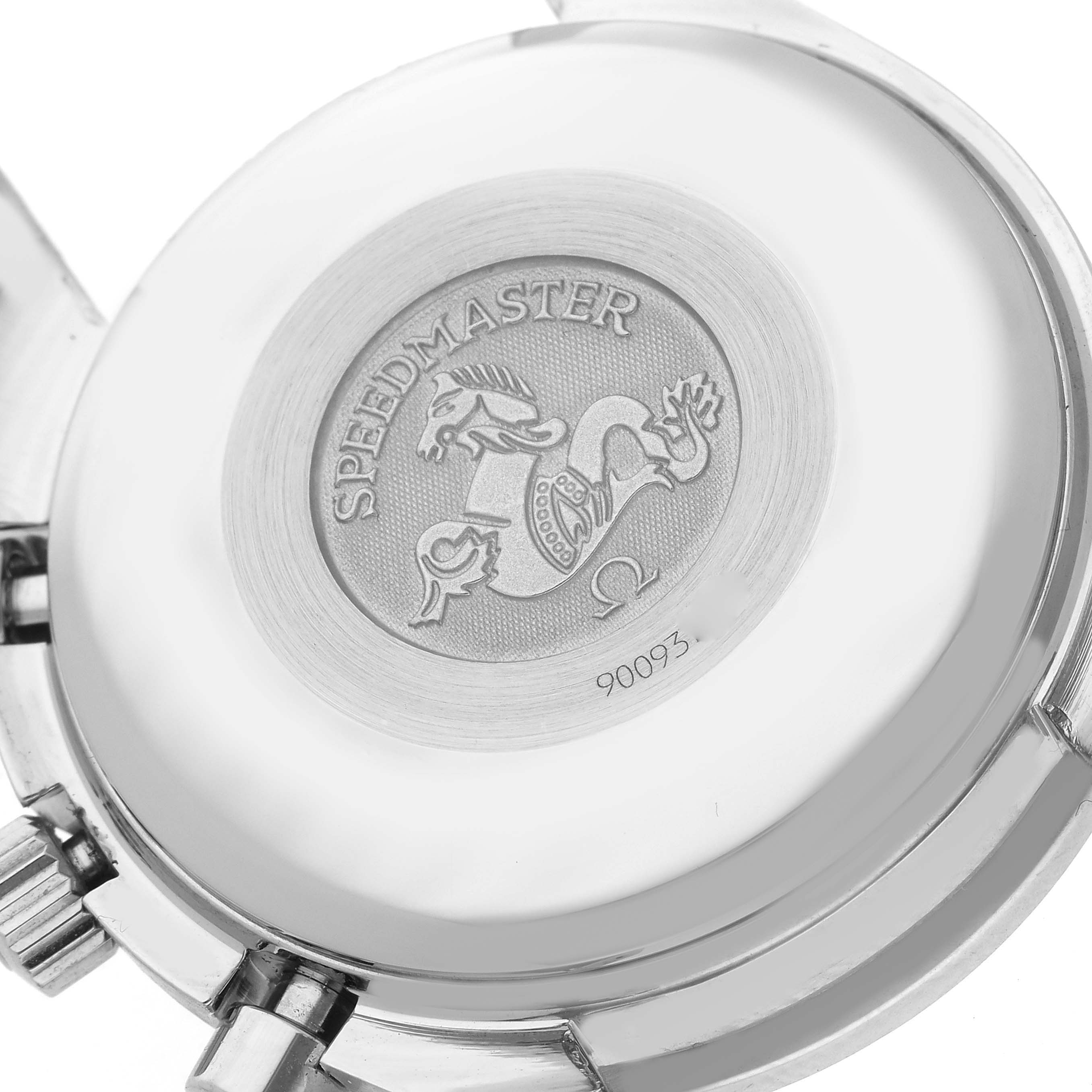 The image shows the back case of an Omega Speedmaster 3513.30.00 Men
s Stainless Steel Silver Dial 3513.30.00 Men
s Stainless Steel Silver Dial, highlighting the engraved logo and model name.