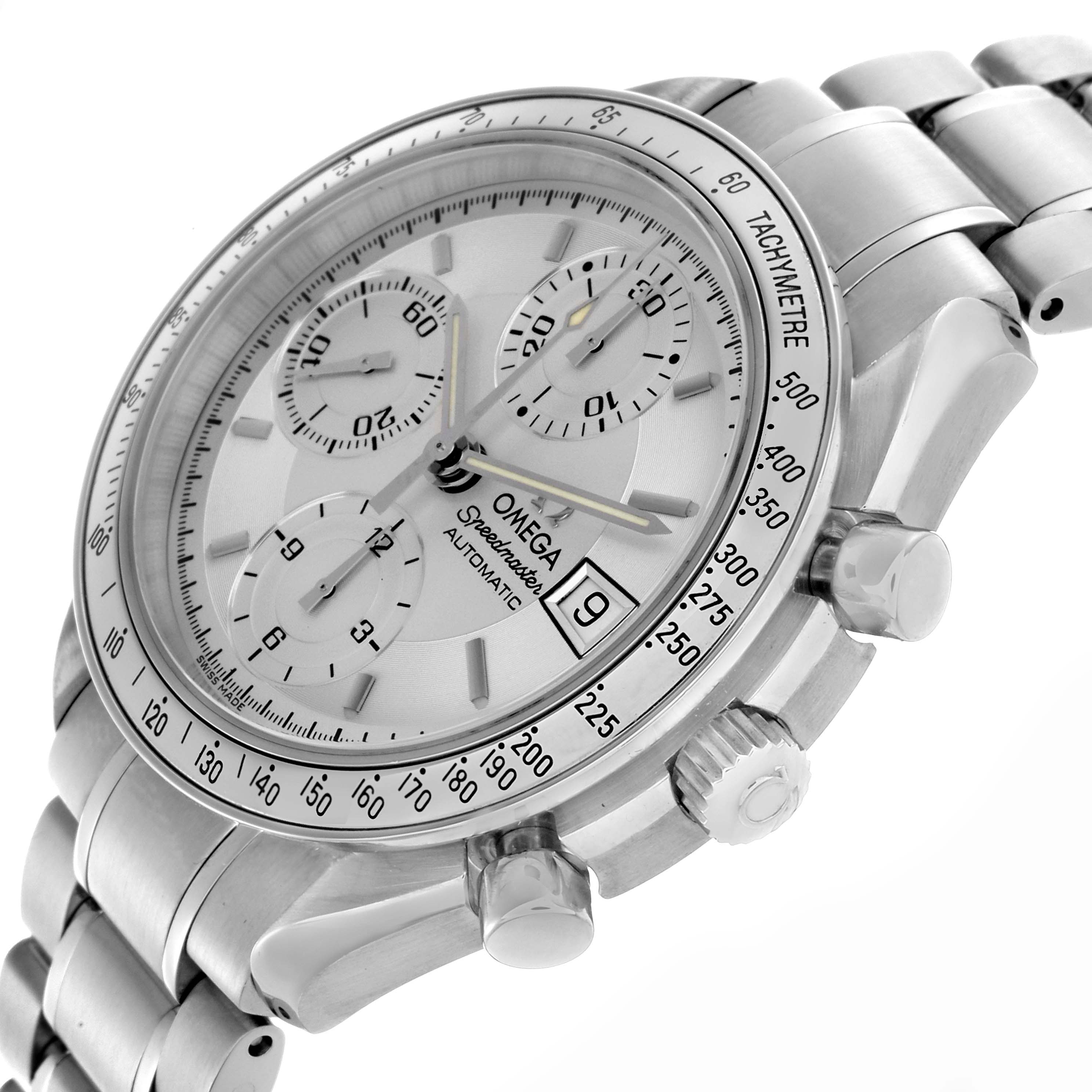 The Omega Speedmaster 3513.30.00 Men
s Stainless Steel Silver Dial 3513.30.00 Men
s Stainless Steel Silver Dial watch is shown from a three-quarter angle, highlighting the face, tachymetric bezel, and stainless steel bracelet.