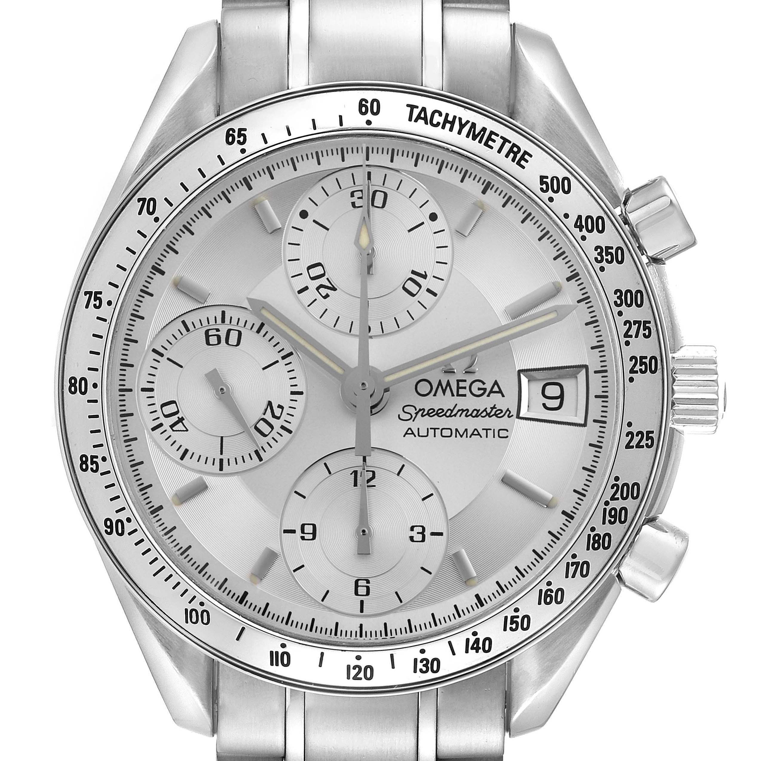 The Omega Speedmaster 3513.30.00 Men
s Stainless Steel Silver Dial 3513.30.00 Men
s Stainless Steel Silver Dial watch is shown from the front, highlighting the dial, subdials, tachymeter, and metal bracelet.