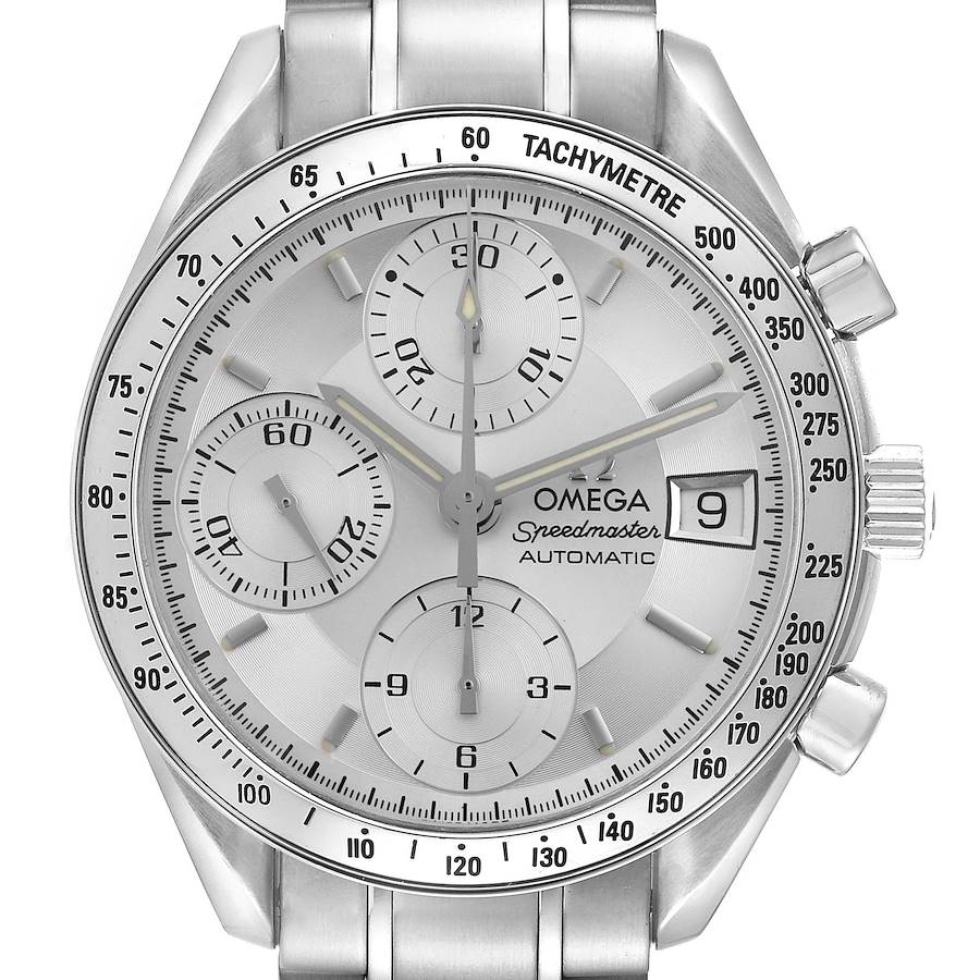 The Omega Speedmaster watch is shown from the front, highlighting the dial, subdials, tachymeter, and metal bracelet.