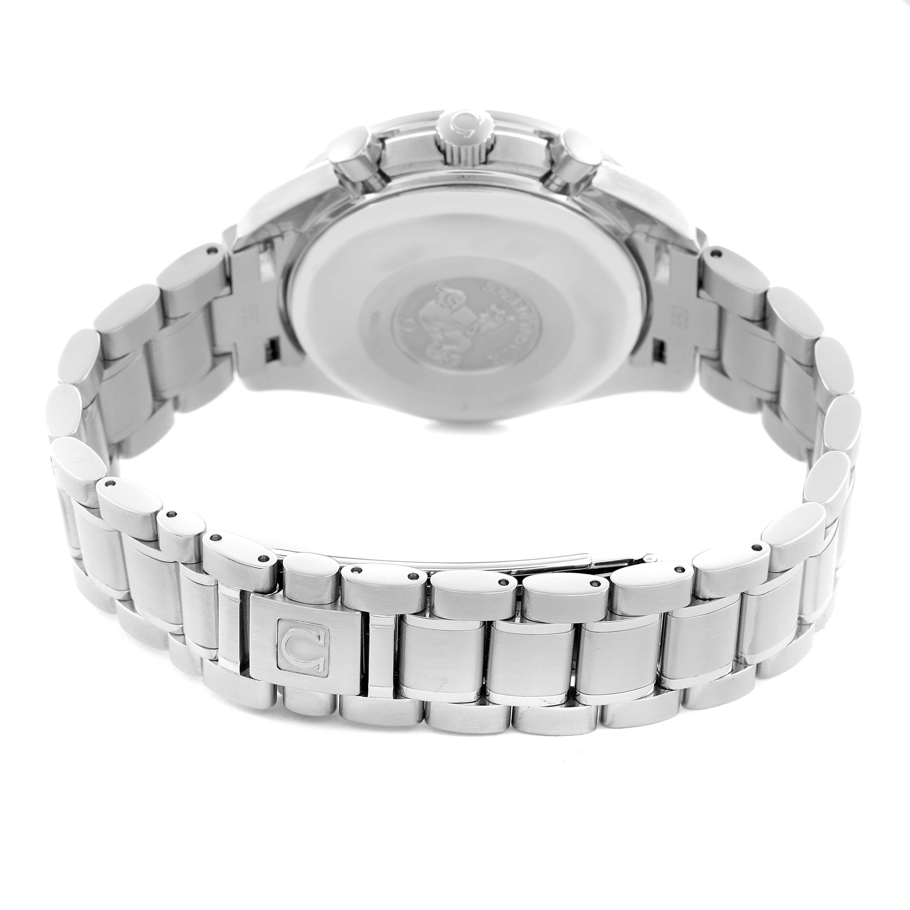 The Omega Speedmaster 3513.30.00 Men
s Stainless Steel Silver Dial 3513.30.00 Men
s Stainless Steel Silver Dial is shown from a rear angle, highlighting the case back, bracelet, and clasp.