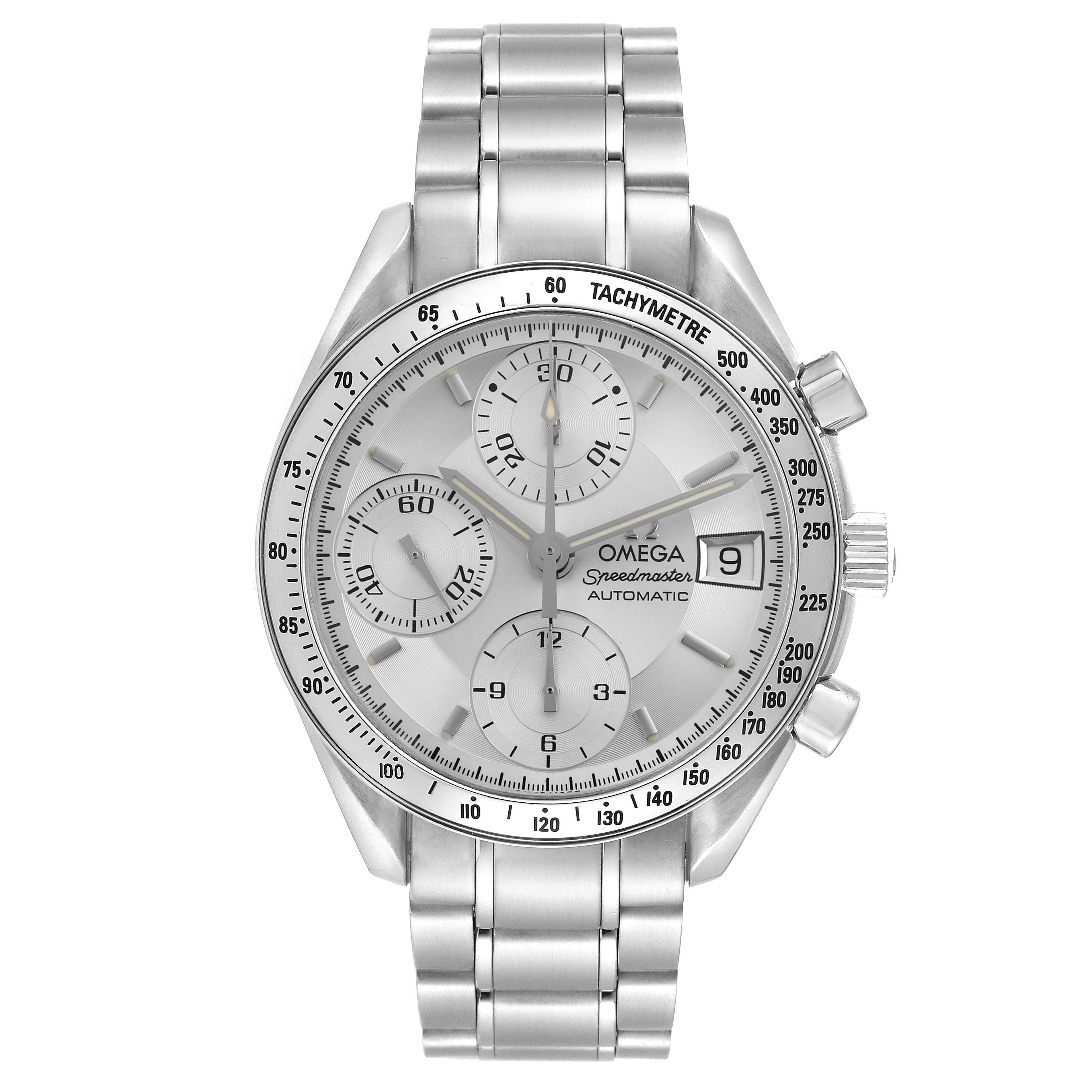 The Omega Speedmaster 3513.30.00 Men
s Stainless Steel Silver Dial 3513.30.00 Men
s Stainless Steel Silver Dial is shown from a top-down angle, displaying the case, dial, subdials, bezel, and bracelet.