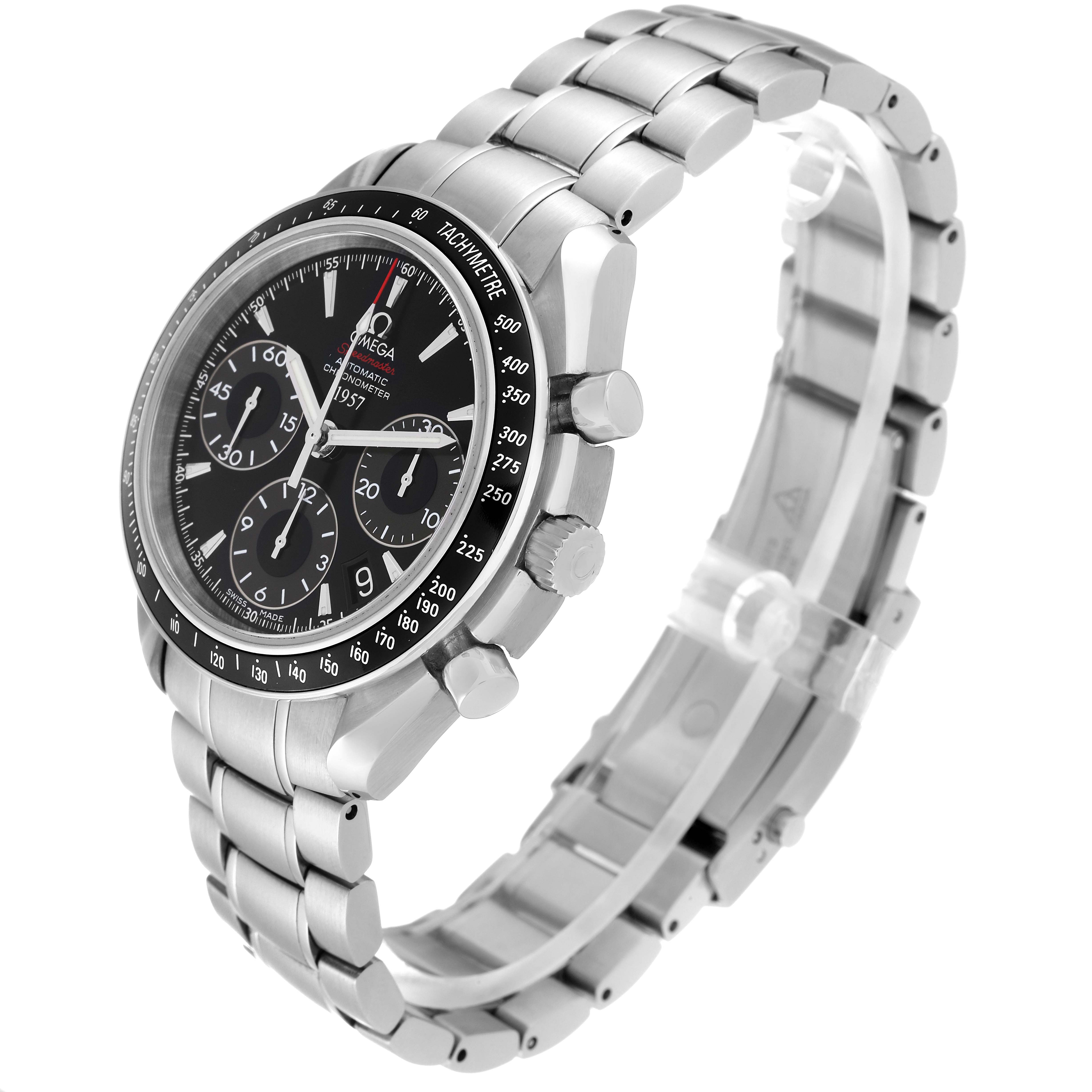 The image shows an angled view of the Omega Speedmaster 323.30.40.40.01.001 Men
s Stainless Steel Black Dial 323.30.40.40.01.001 Men
s Stainless Steel Black Dial watch, highlighting the face, bezel, crown, and stainless steel bracelet.