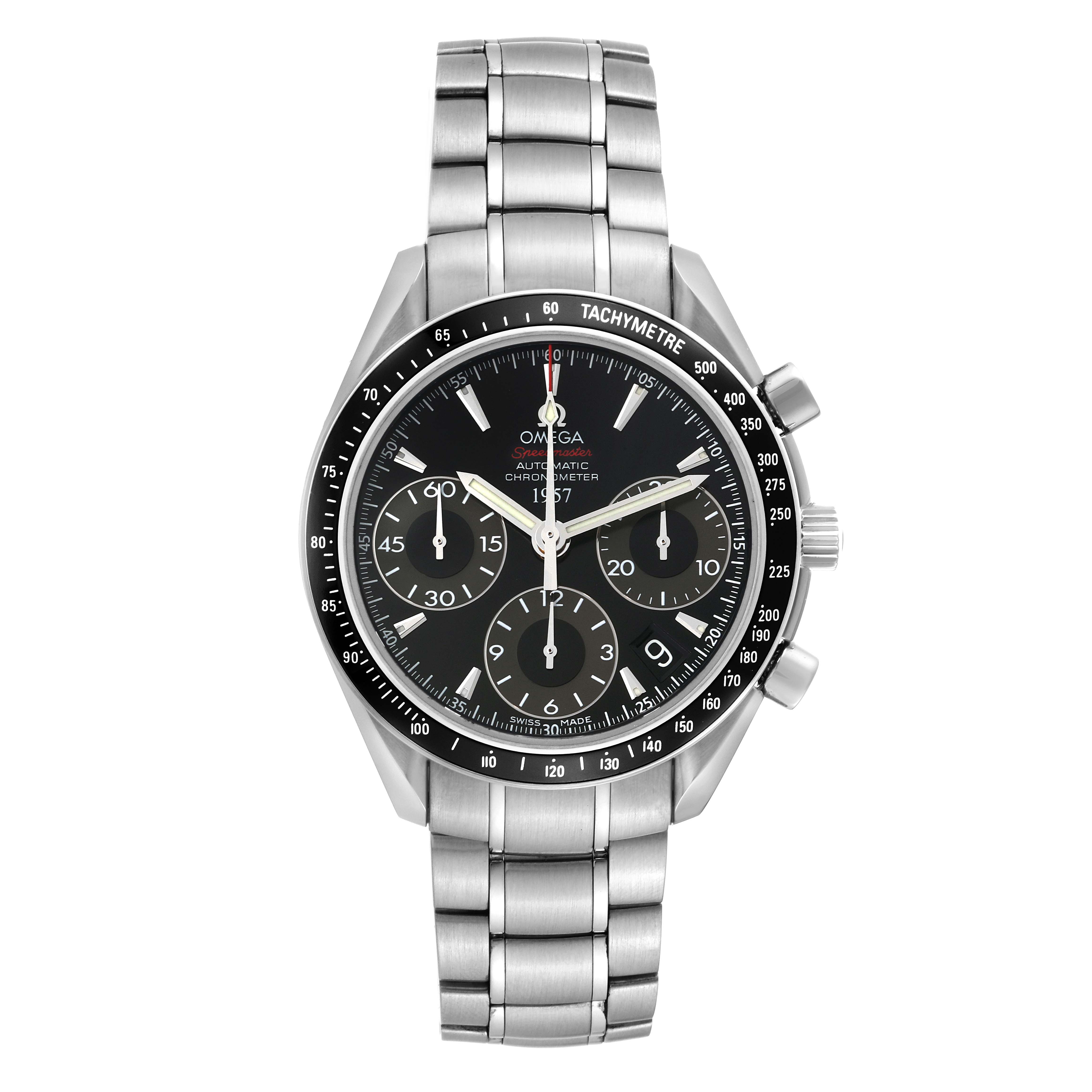 The image shows a full front view of an Omega Speedmaster 323.30.40.40.01.001 Men
s Stainless Steel Black Dial 323.30.40.40.01.001 Men
s Stainless Steel Black Dial watch, displaying its dial, bezel, and stainless steel bracelet.