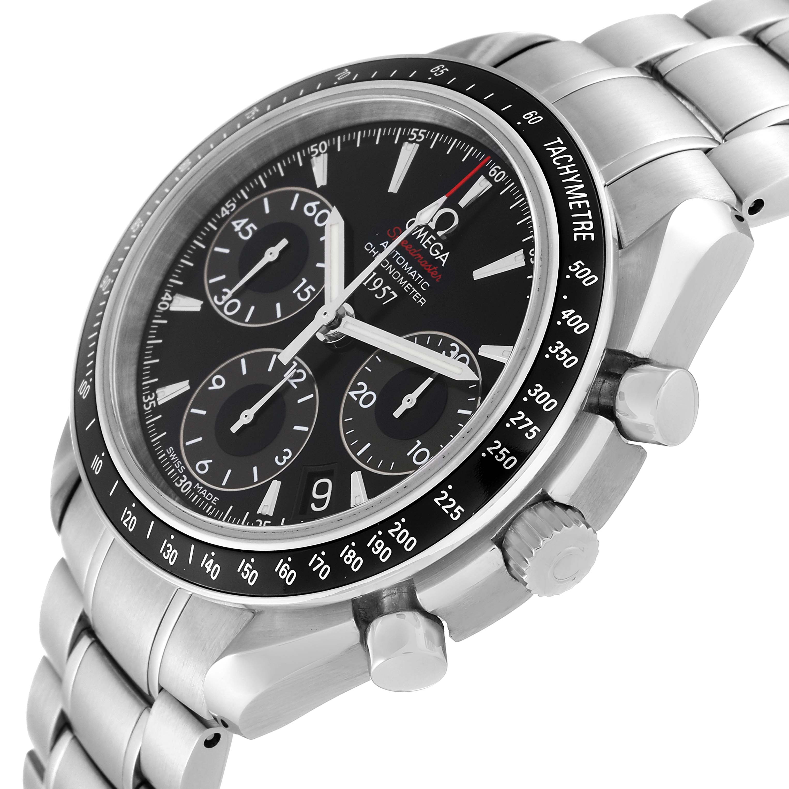 The Omega Speedmaster 323.30.40.40.01.001 Men
s Stainless Steel Black Dial 323.30.40.40.01.001 Men
s Stainless Steel Black Dial watch is displayed at an angle highlighting its black dial, tachymeter bezel, and stainless steel bracelet.