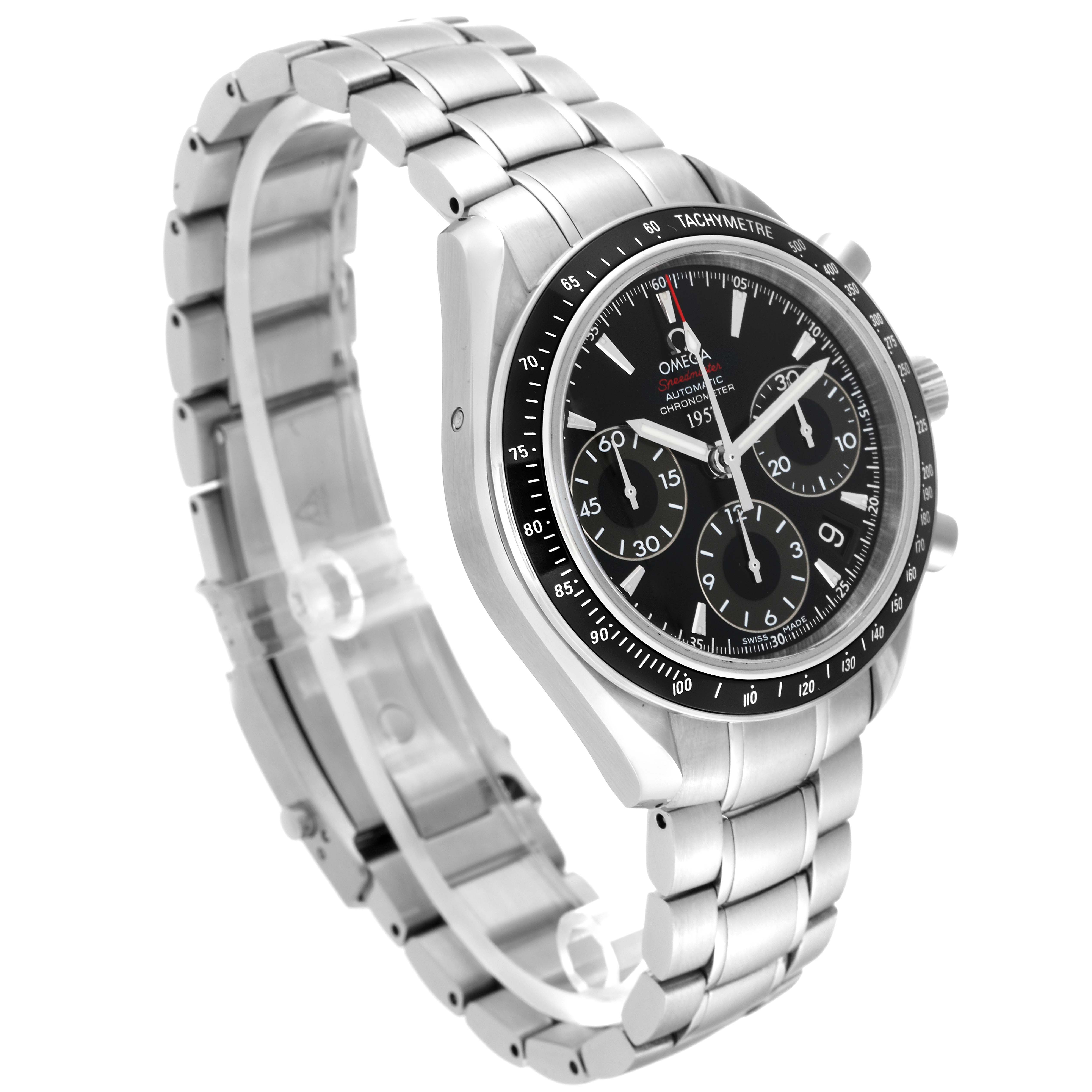 The Omega Speedmaster 323.30.40.40.01.001 Men
s Stainless Steel Black Dial 323.30.40.40.01.001 Men
s Stainless Steel Black Dial watch is shown at a three-quarter angle, displaying the bracelet, tachymeter bezel, and chronograph dials.