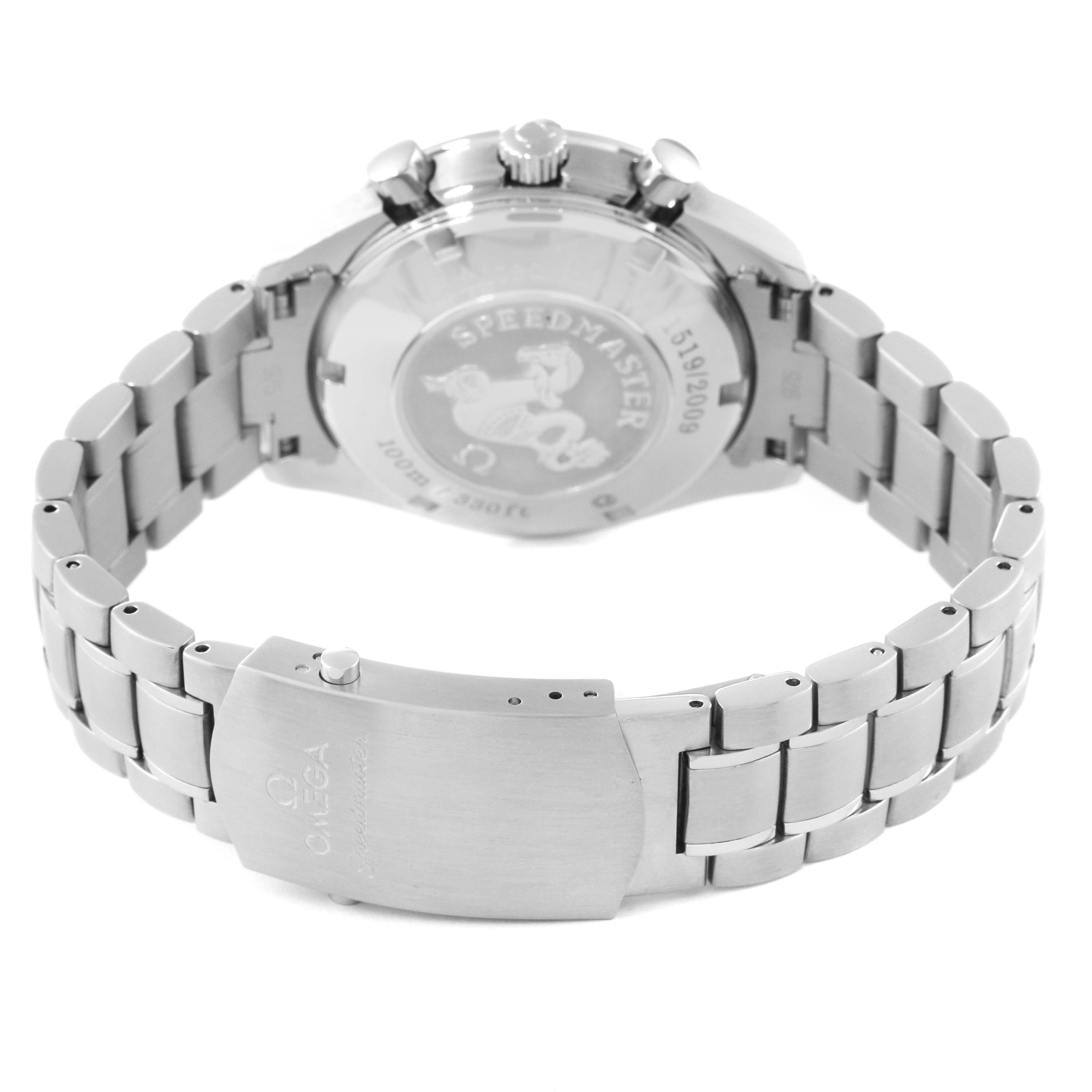 This image shows the back and clasp of an Omega Speedmaster 323.30.40.40.01.001 Men
s Stainless Steel Black Dial 323.30.40.40.01.001 Men
s Stainless Steel Black Dial watch, including the case back and metal bracelet.