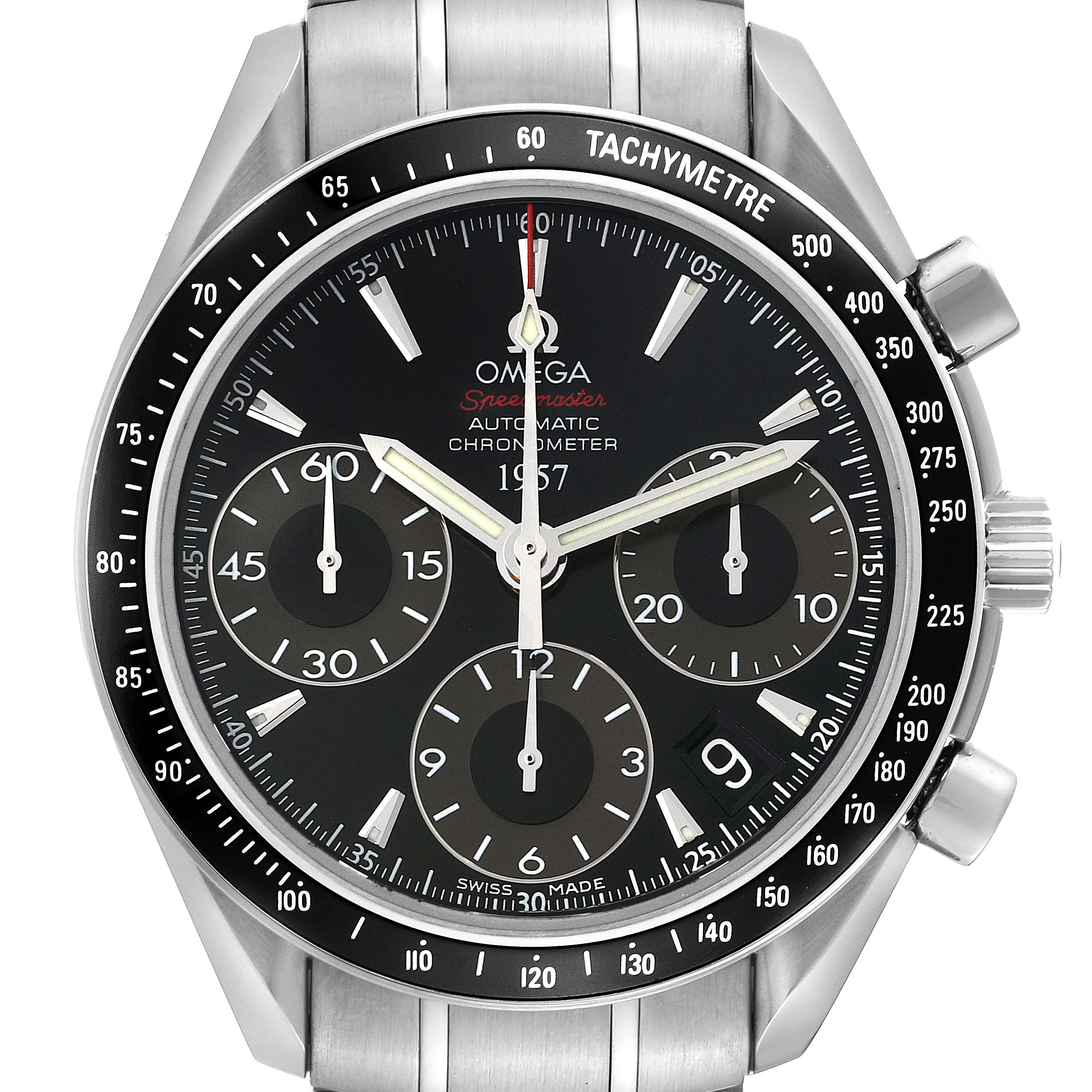The image shows a front view of the Omega Speedmaster 323.30.40.40.01.001 Men
s Stainless Steel Black Dial 323.30.40.40.01.001 Men
s Stainless Steel Black Dial watch featuring its dial, tachymeter, and stainless steel band.