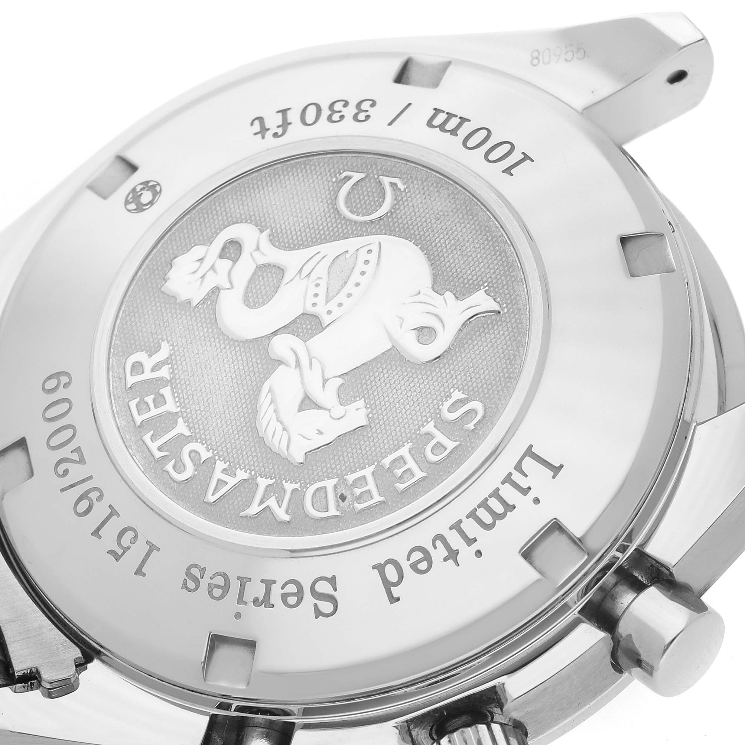 This image shows the back case of an Omega Speedmaster 323.30.40.40.01.001 Men
s Stainless Steel Black Dial 323.30.40.40.01.001 Men
s Stainless Steel Black Dial watch, displaying the limited series engraving and logo.