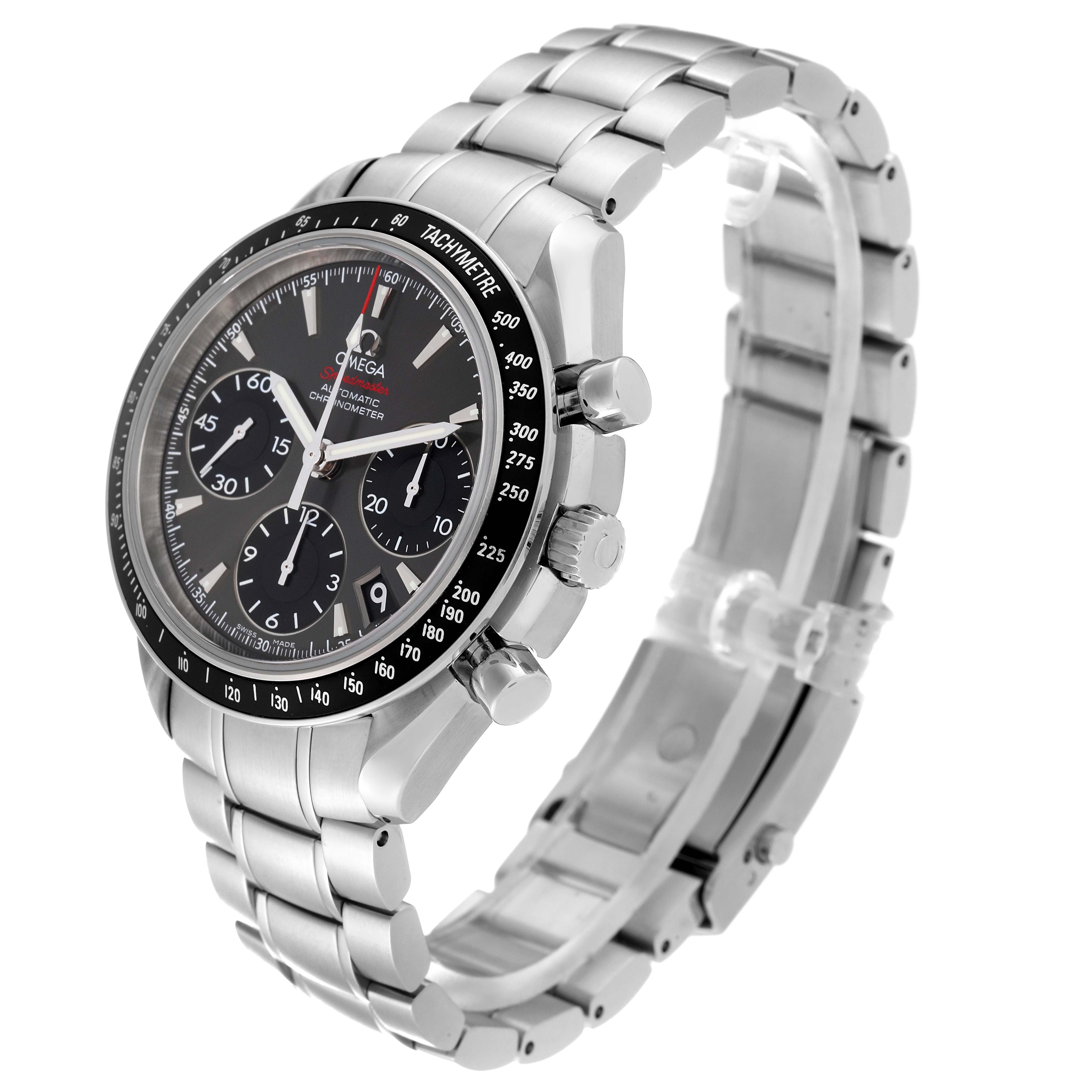 The image shows an Omega Speedmaster 323.30.40.40.06.001 Men's Stainless Steel Grey Dial 323.30.40.40.06.001 Men's Stainless Steel Grey Dial watch at a three-quarter angle, highlighting the face, chronograph dials, and metal bracelet.