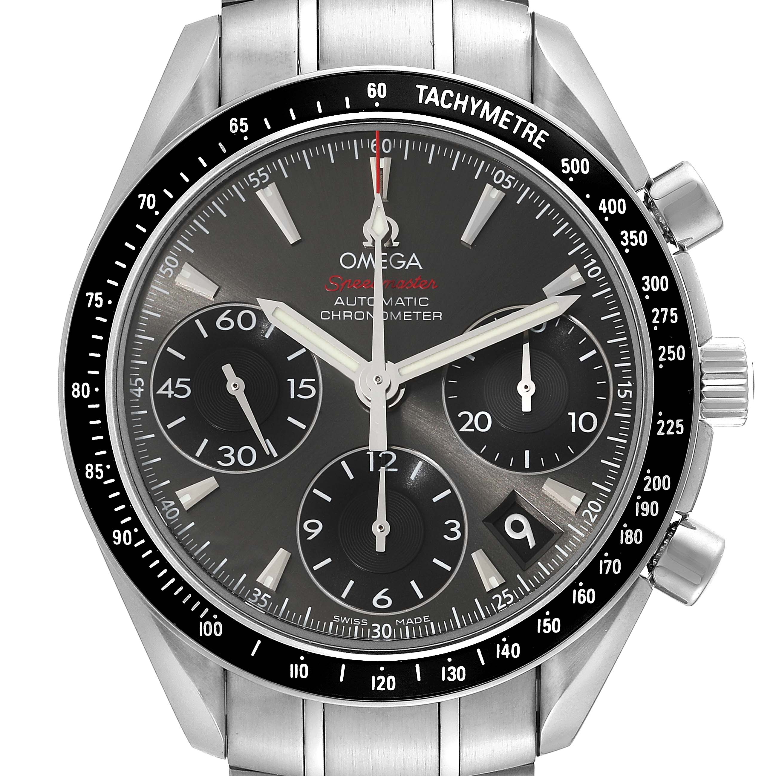 The image shows a front view of an Omega Speedmaster 323.30.40.40.06.001 Men's Stainless Steel Grey Dial 323.30.40.40.06.001 Men's Stainless Steel Grey Dial watch, highlighting its dial, three sub-dials, tachymeter bezel, and crown.