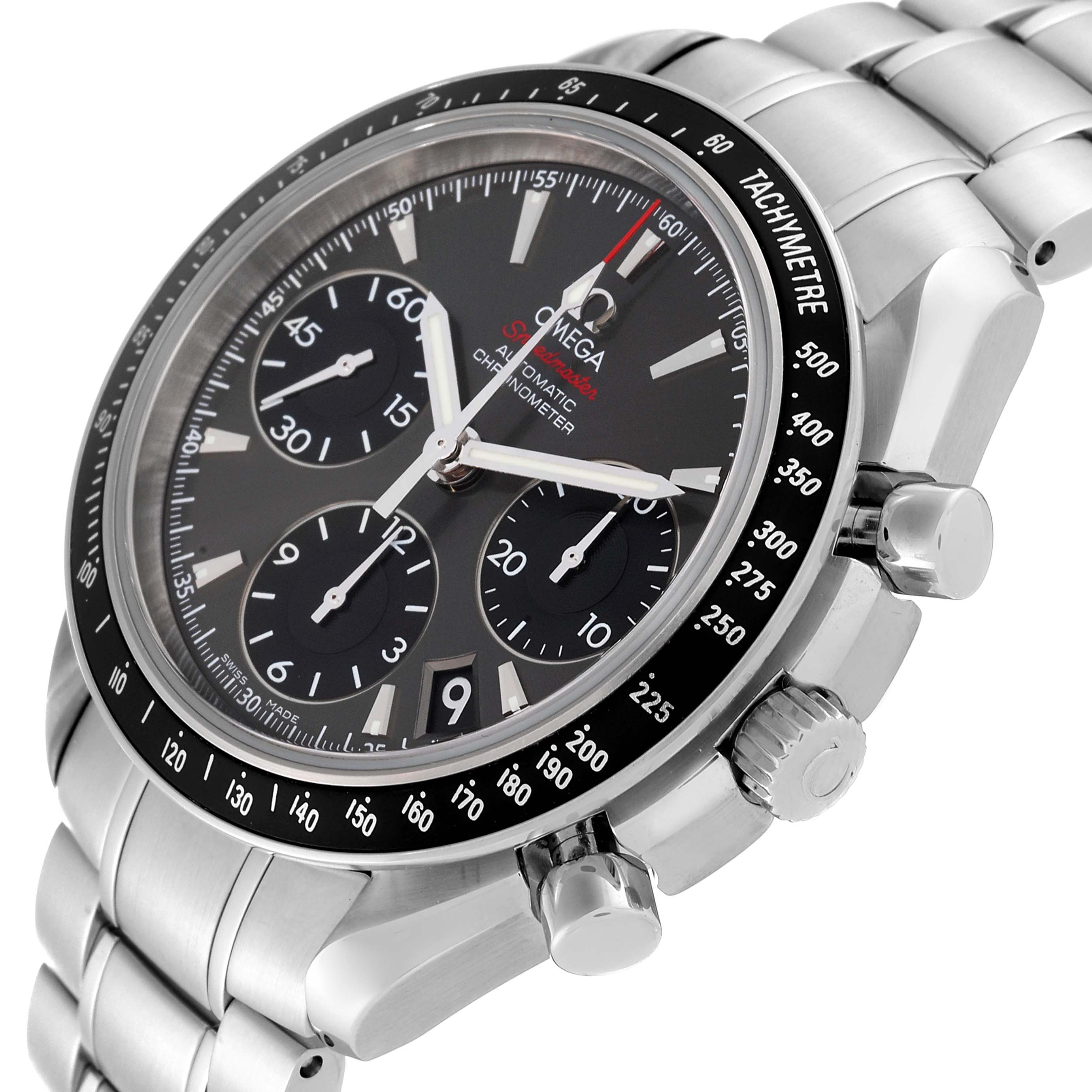 The image shows an angled close-up of an Omega Speedmaster 323.30.40.40.06.001 Men's Stainless Steel Grey Dial 323.30.40.40.06.001 Men's Stainless Steel Grey Dial watch, highlighting its dial, tachymeter bezel, and pushers.